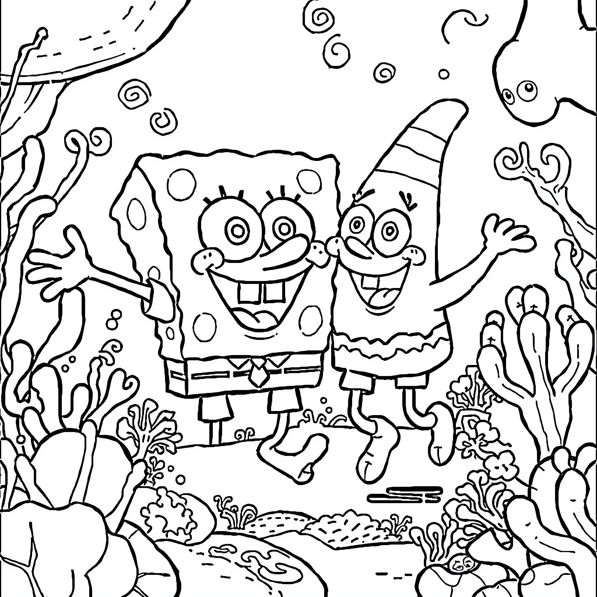 Spongebob and Patrick exploring the underwater world Coloring Page (free black-and-white line drawing printable PDF for all, from beginners to advanced learners, including children, teens, adults, and seniors)