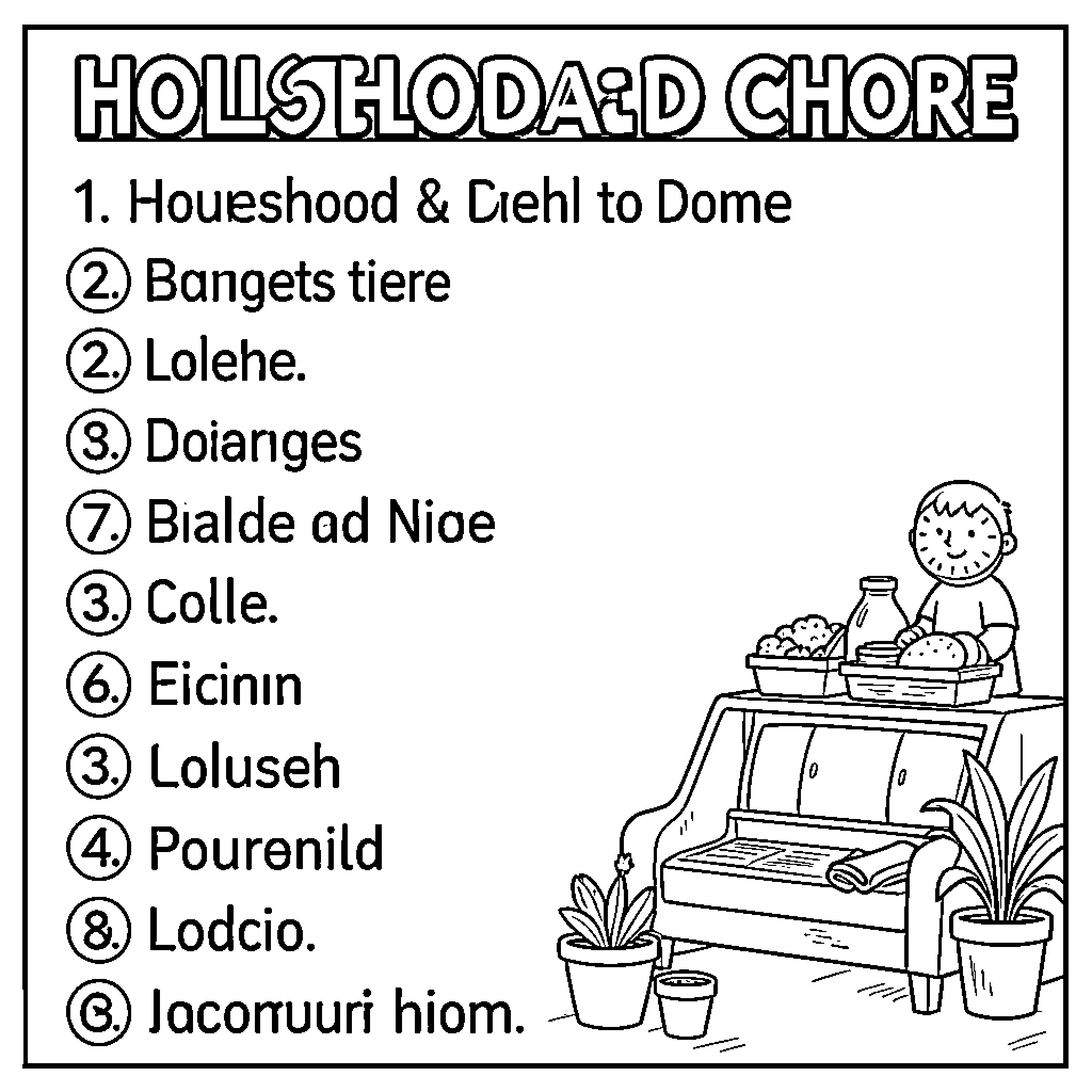 Chore Day at the Household Coloring Page (free black-and-white line drawing printable PDF for all, from beginners to advanced learners, including children, teens, adults, and seniors)