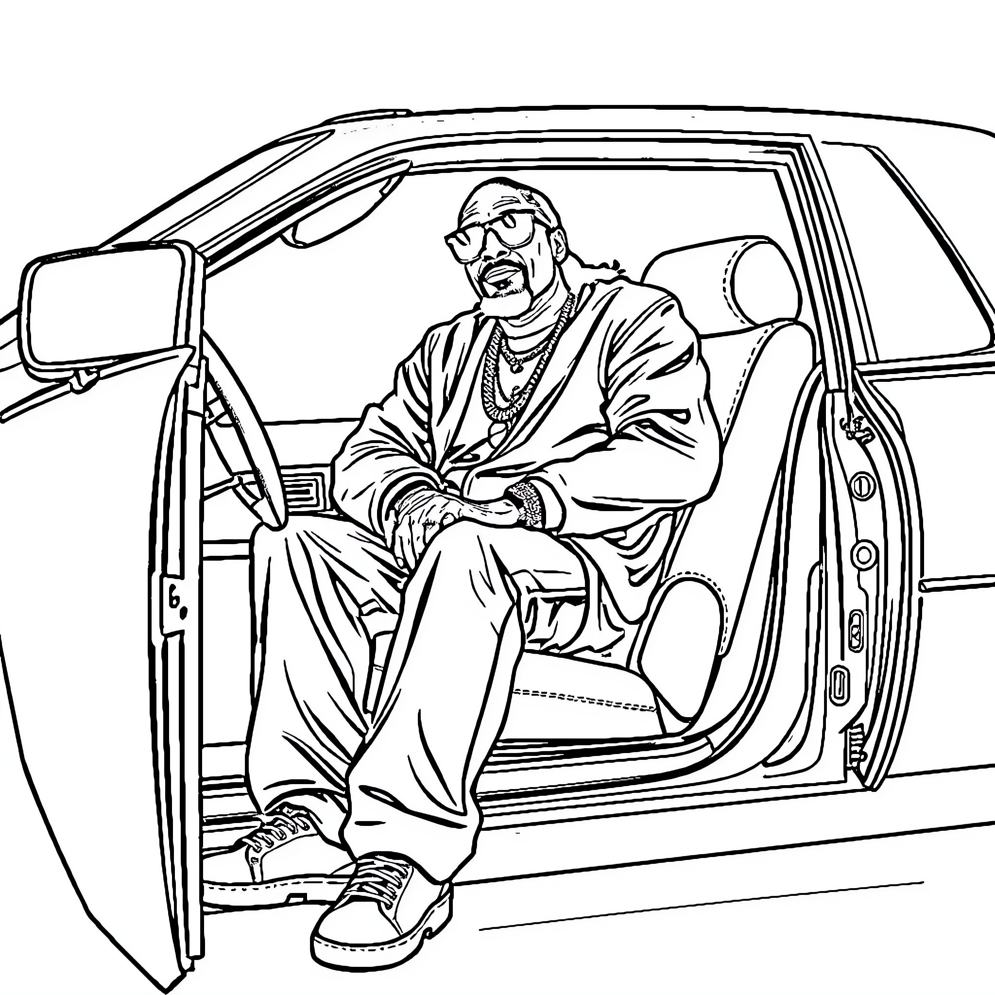 Snoop Dogg relaxing in his car Coloring Page (free black-and-white line drawing printable PDF for all, from beginners to advanced learners, including children, teens, adults, and seniors)