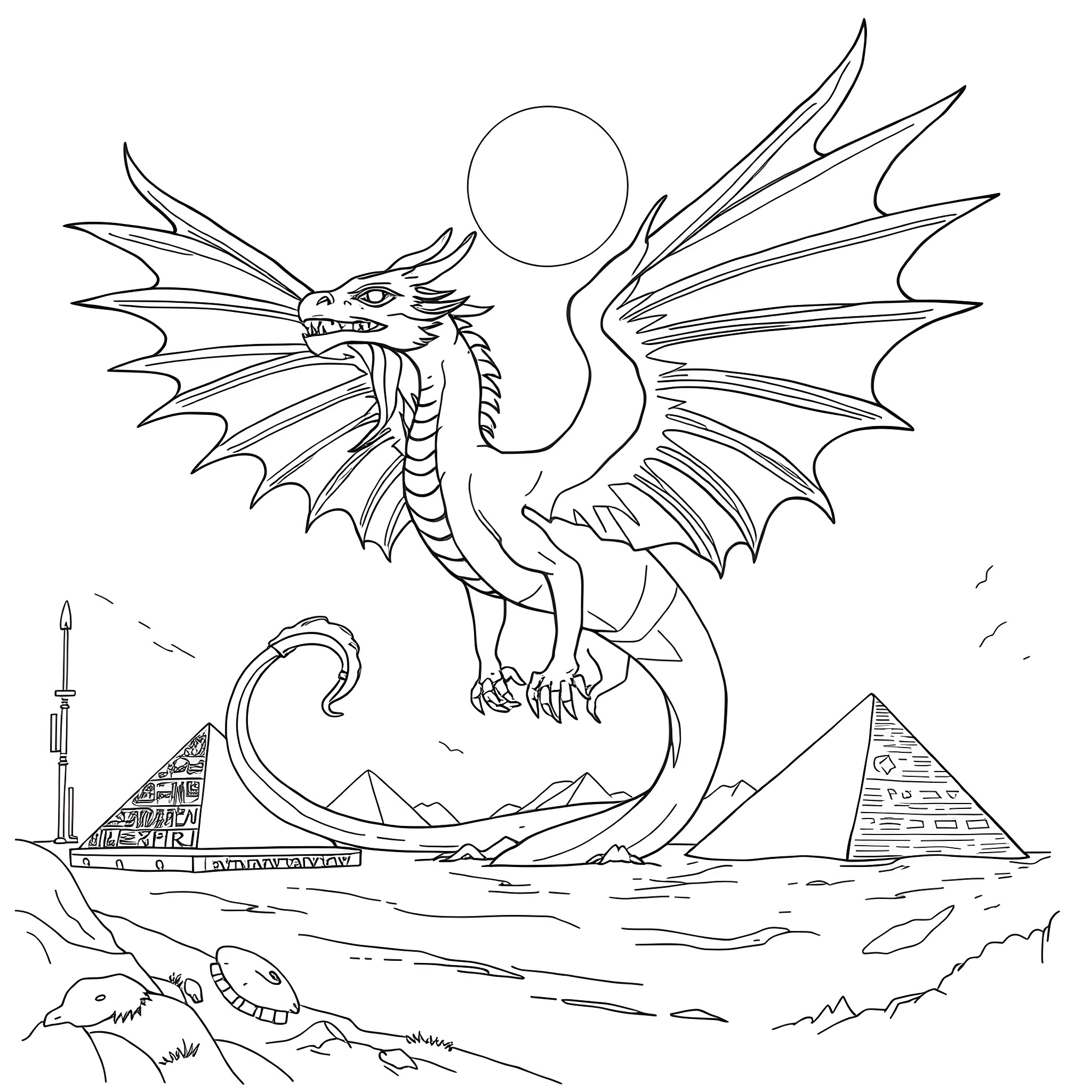 Winged Dragon Of Ra soaring over ancient Egyptian landmarks Coloring Page (free black-and-white line drawing printable PDF for all, from beginners to advanced learners, including children, teens, adults, and seniors)