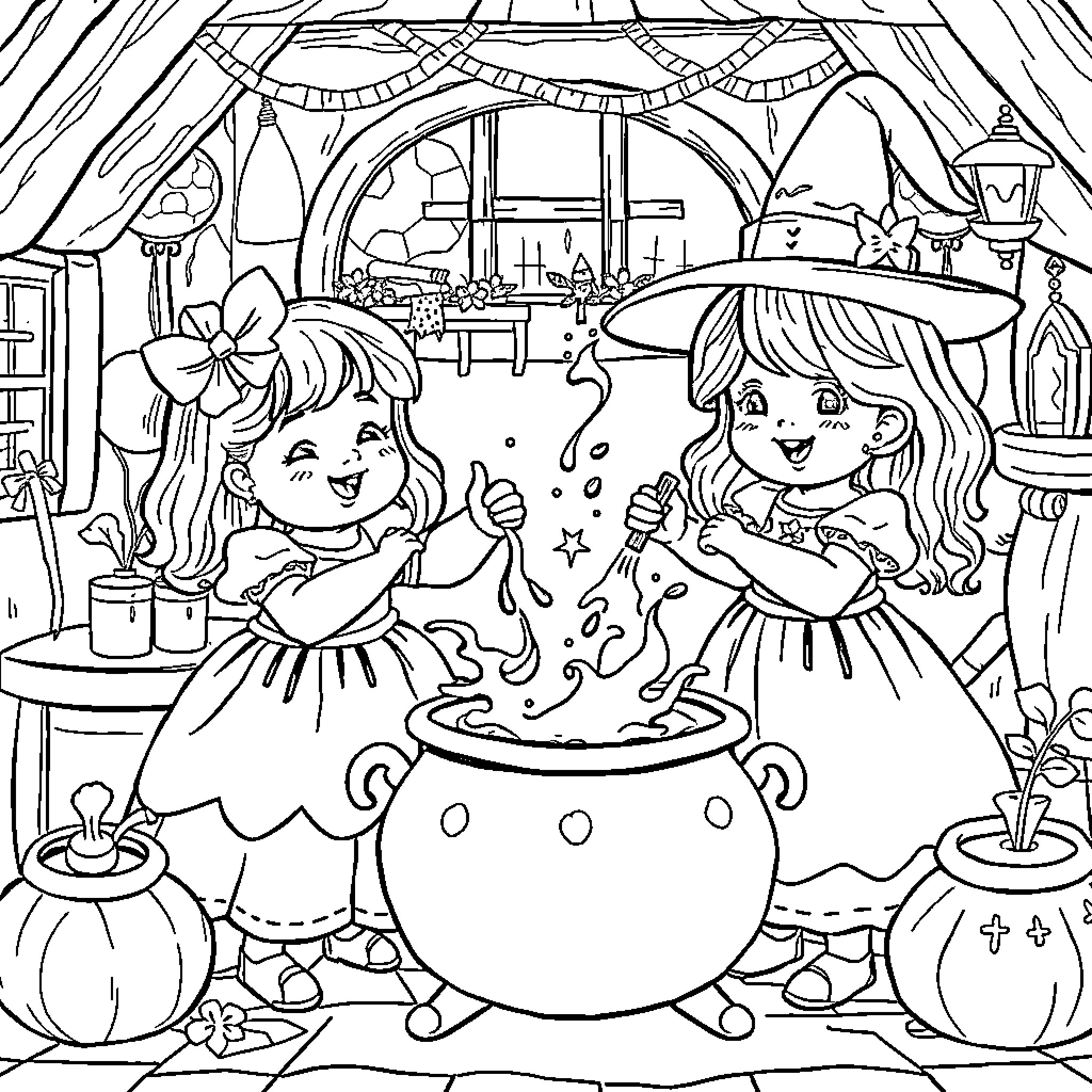 Girls Brewing Magic in a Cozy Cottage Coloring Page (free black-and-white line drawing printable PDF for all, from beginners to advanced learners, including children, teens, adults, and seniors)