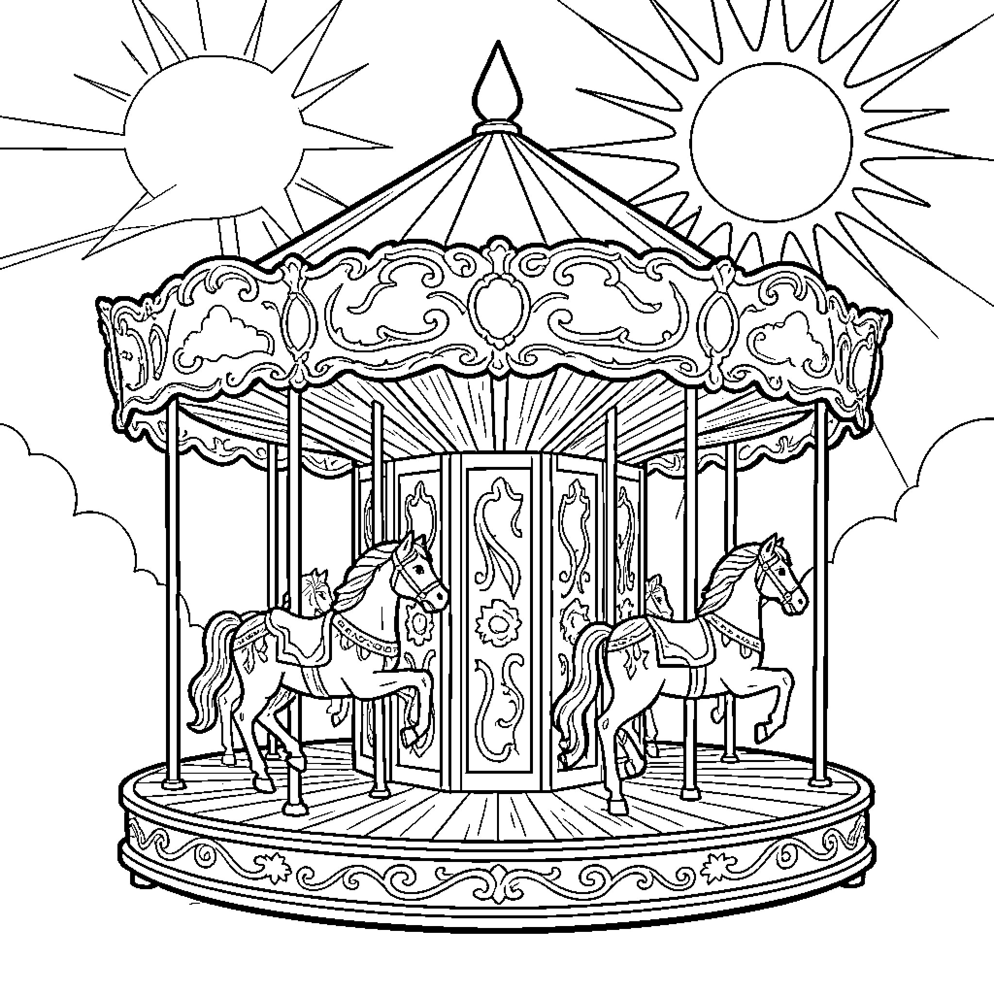 Carrusel with horses spinning under the bright suns Coloring Page (free black-and-white line drawing printable PDF for all, from beginners to advanced learners, including children, teens, adults, and seniors)