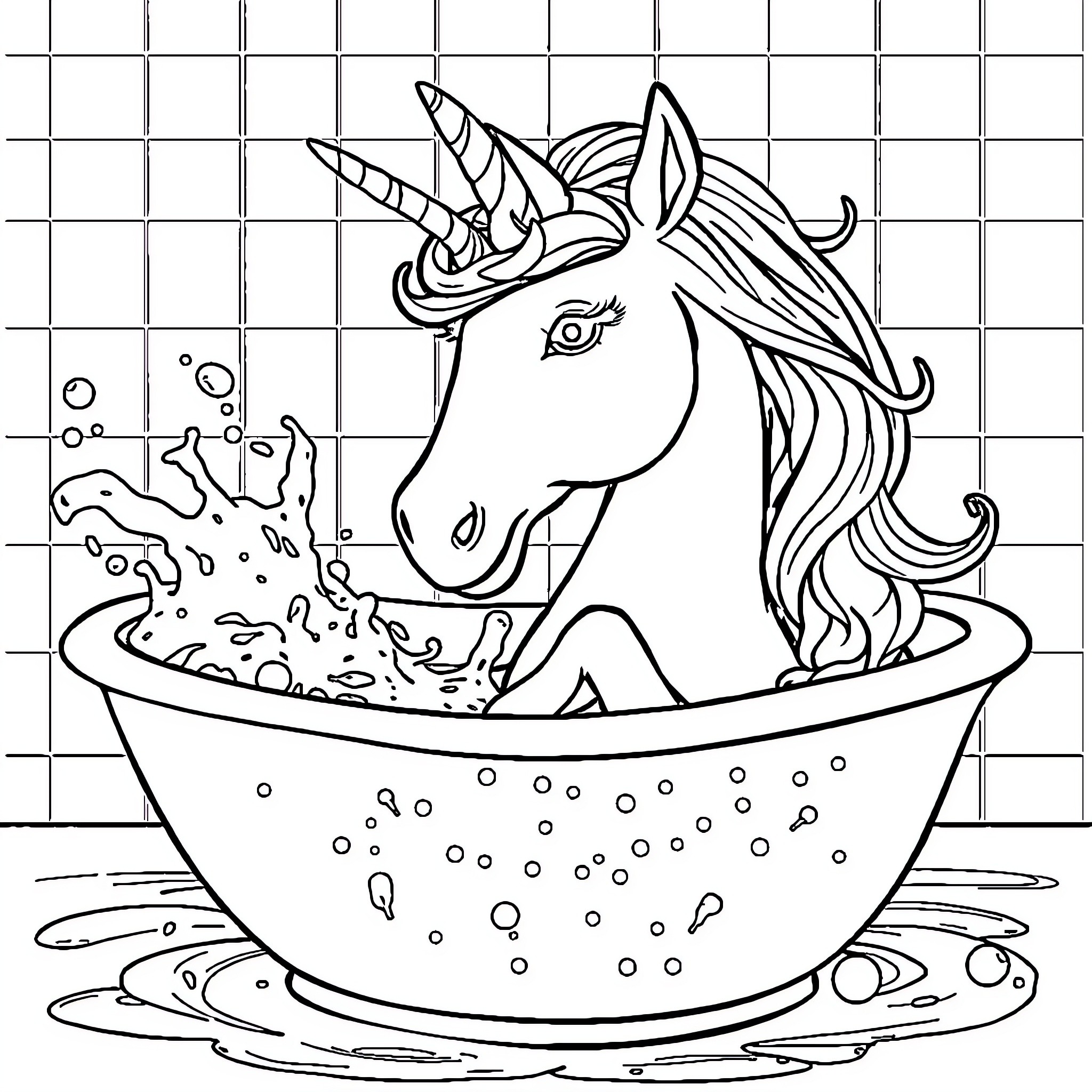 Unicorn enjoying a bubbly bath Coloring Page (free black-and-white line drawing printable PDF for all, from beginners to advanced learners, including children, teens, adults, and seniors)