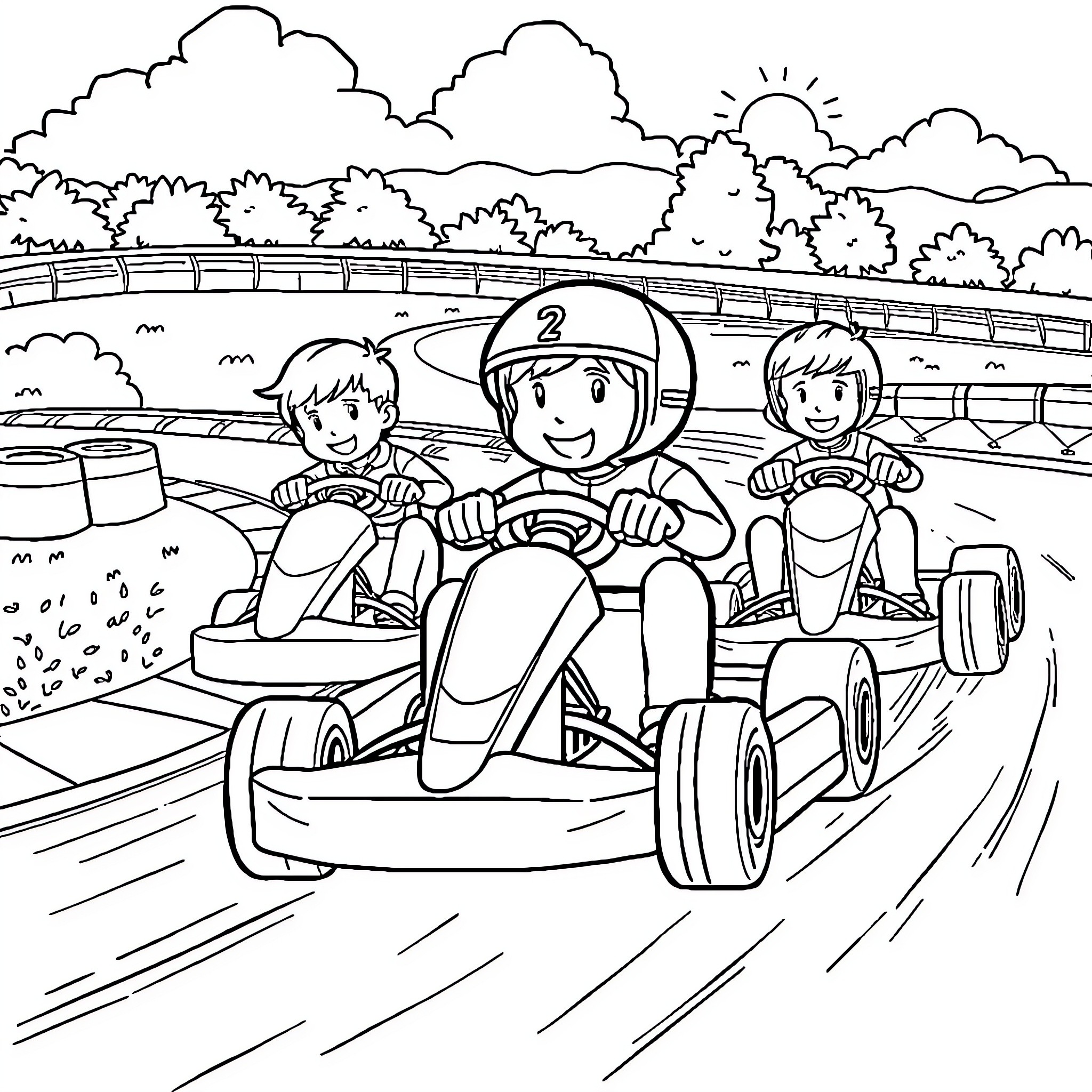 Go Kart Racing with Friends on Track Coloring Page (free black-and-white line drawing printable PDF for all, from beginners to advanced learners, including children, teens, adults, and seniors)