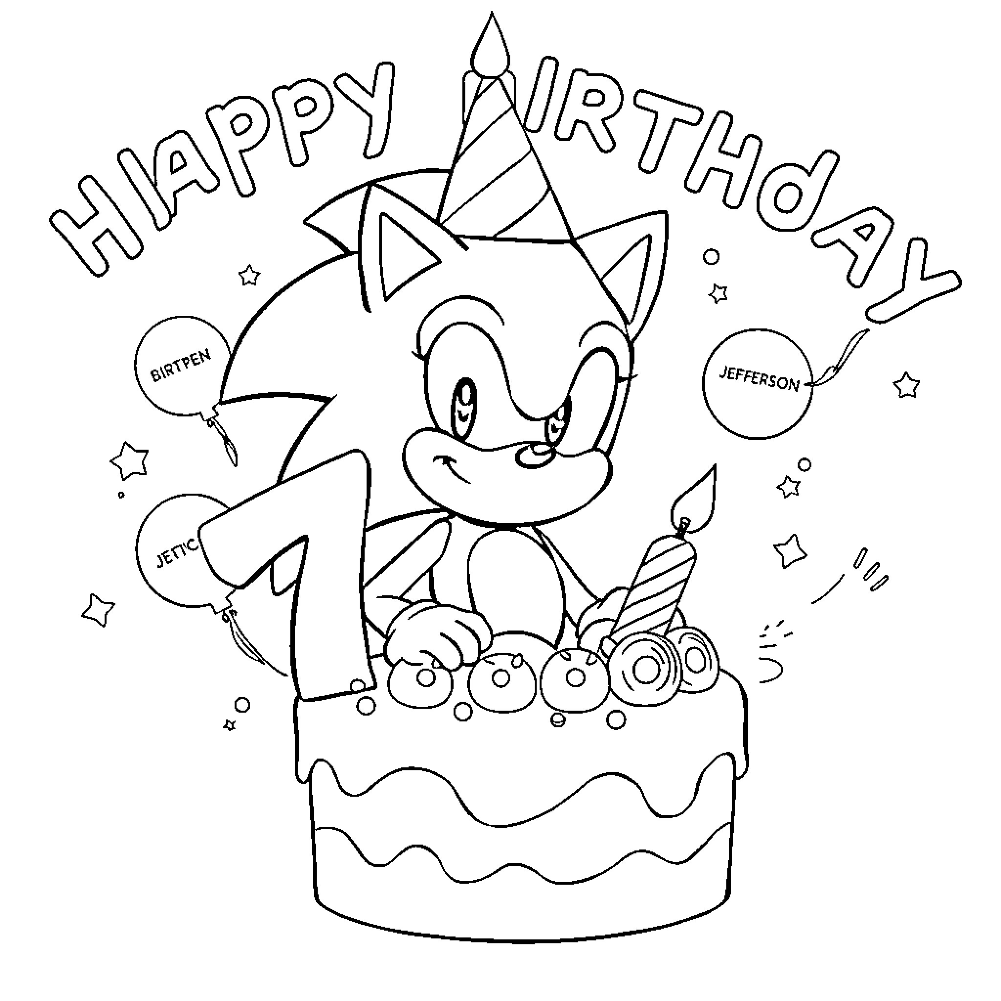 Sonic's Happy Birthday Celebration Coloring Page (free black-and-white line drawing printable PDF for all, from beginners to advanced learners, including children, teens, adults, and seniors)
