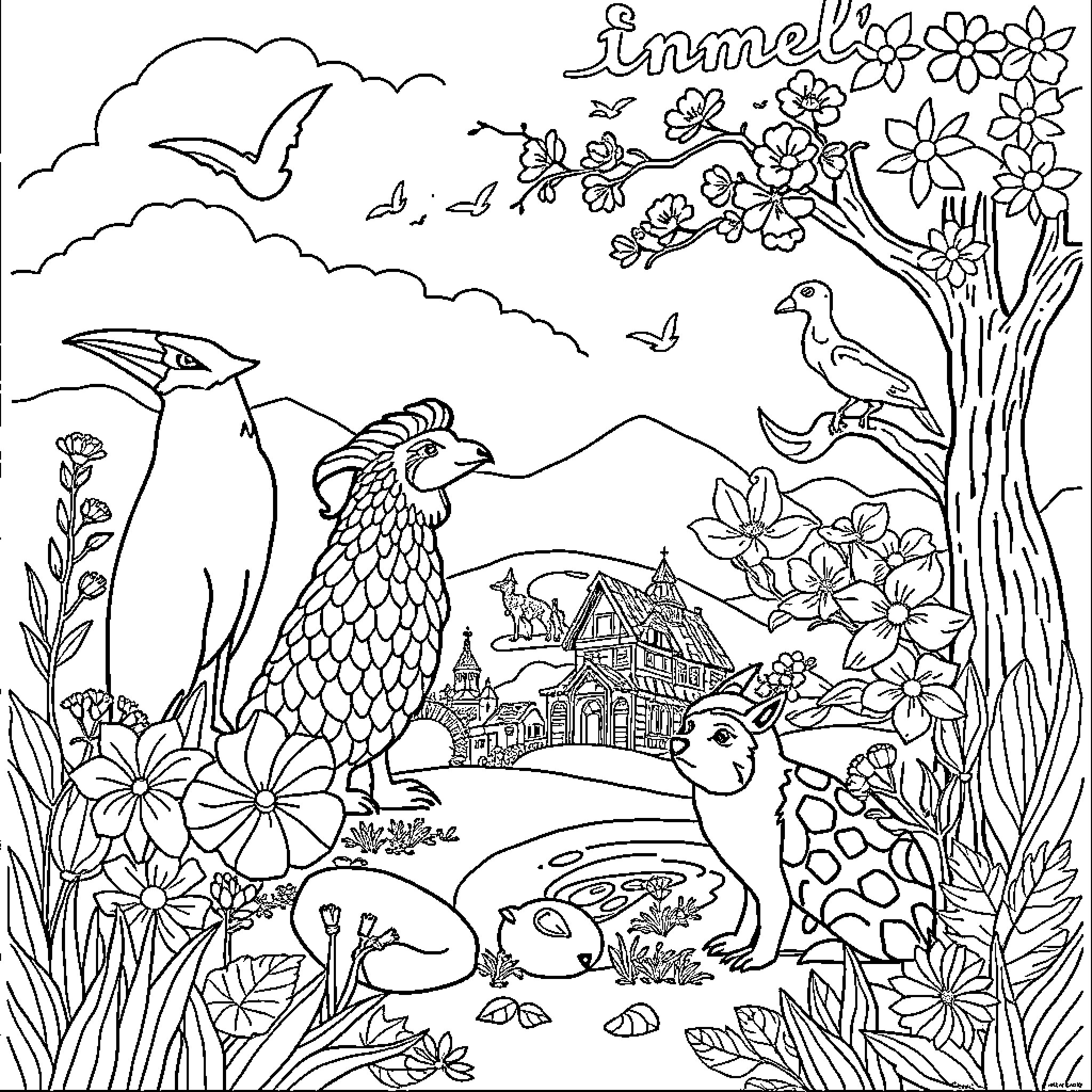 Drawing of a Springtime Landscape with Animals and Flowers Coloring Page (free black-and-white line drawing printable PDF for all, from beginners to advanced learners, including children, teens, adults, and seniors)