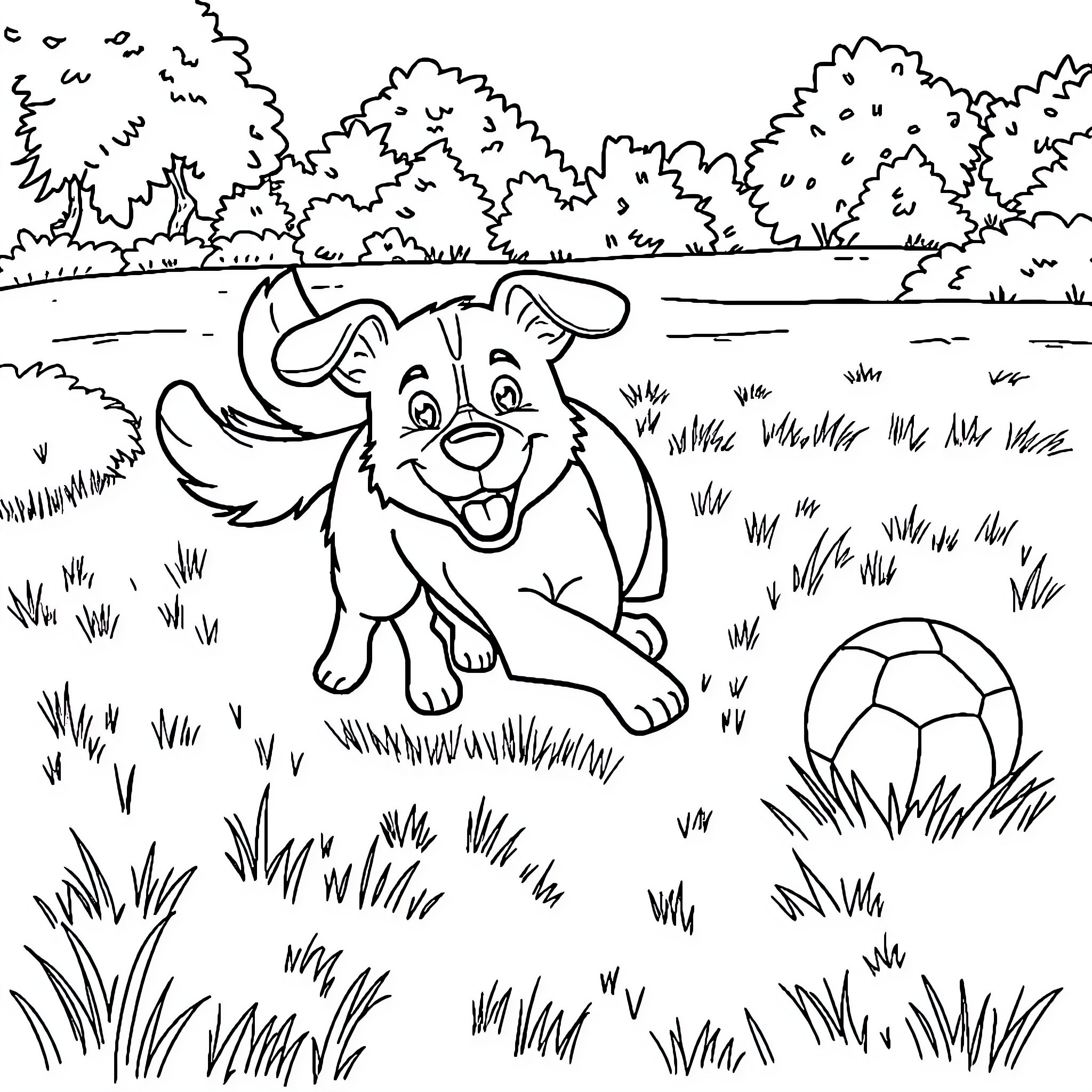 Dog playing happily with ball in grassy field Coloring Page (free black-and-white line drawing printable PDF for all, from beginners to advanced learners, including children, teens, adults, and seniors)
