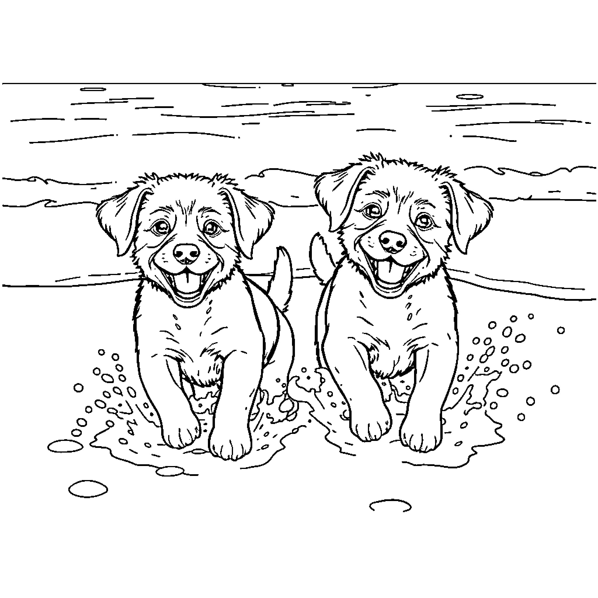 Puppy friends playing happily on the beach Coloring Page (free black-and-white line drawing printable PDF for all, from beginners to advanced learners, including children, teens, adults, and seniors)