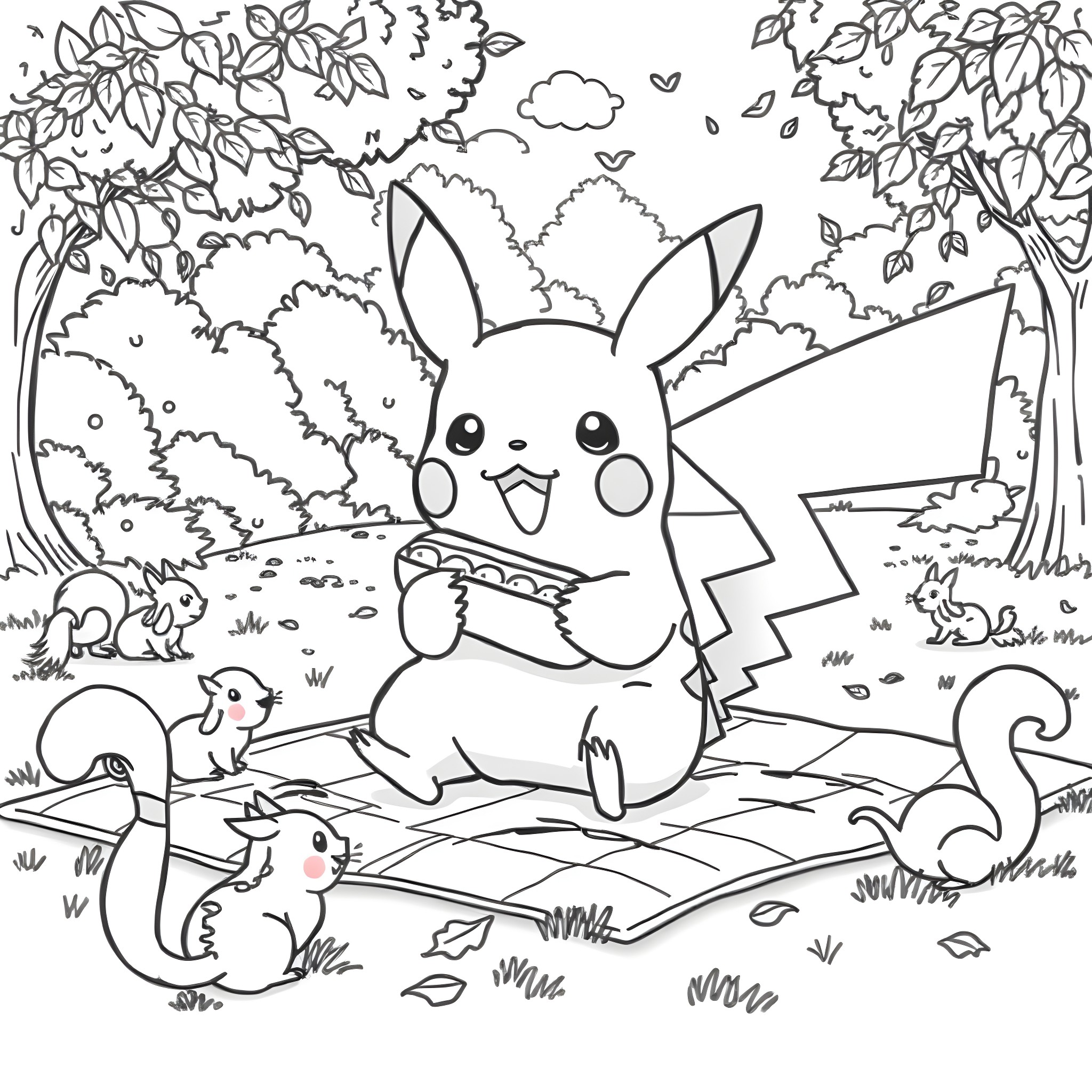 Pikachu enjoying a picnic in the forest Coloring Page (free black-and-white line drawing printable PDF for all, from beginners to advanced learners, including children, teens, adults, and seniors)