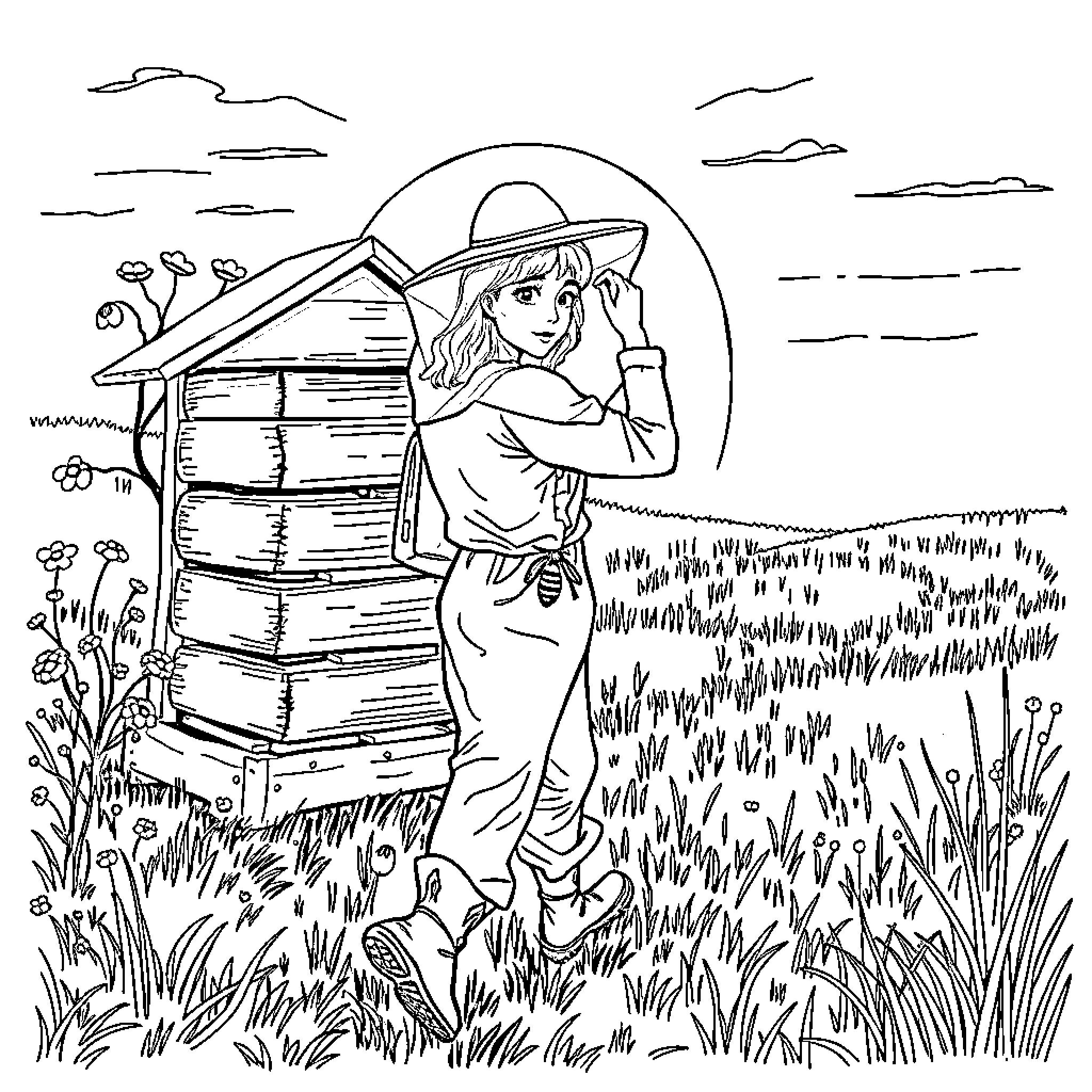 Beekeeper working diligently in the field Coloring Page (free black-and-white line drawing printable PDF for all, from beginners to advanced learners, including children, teens, adults, and seniors)