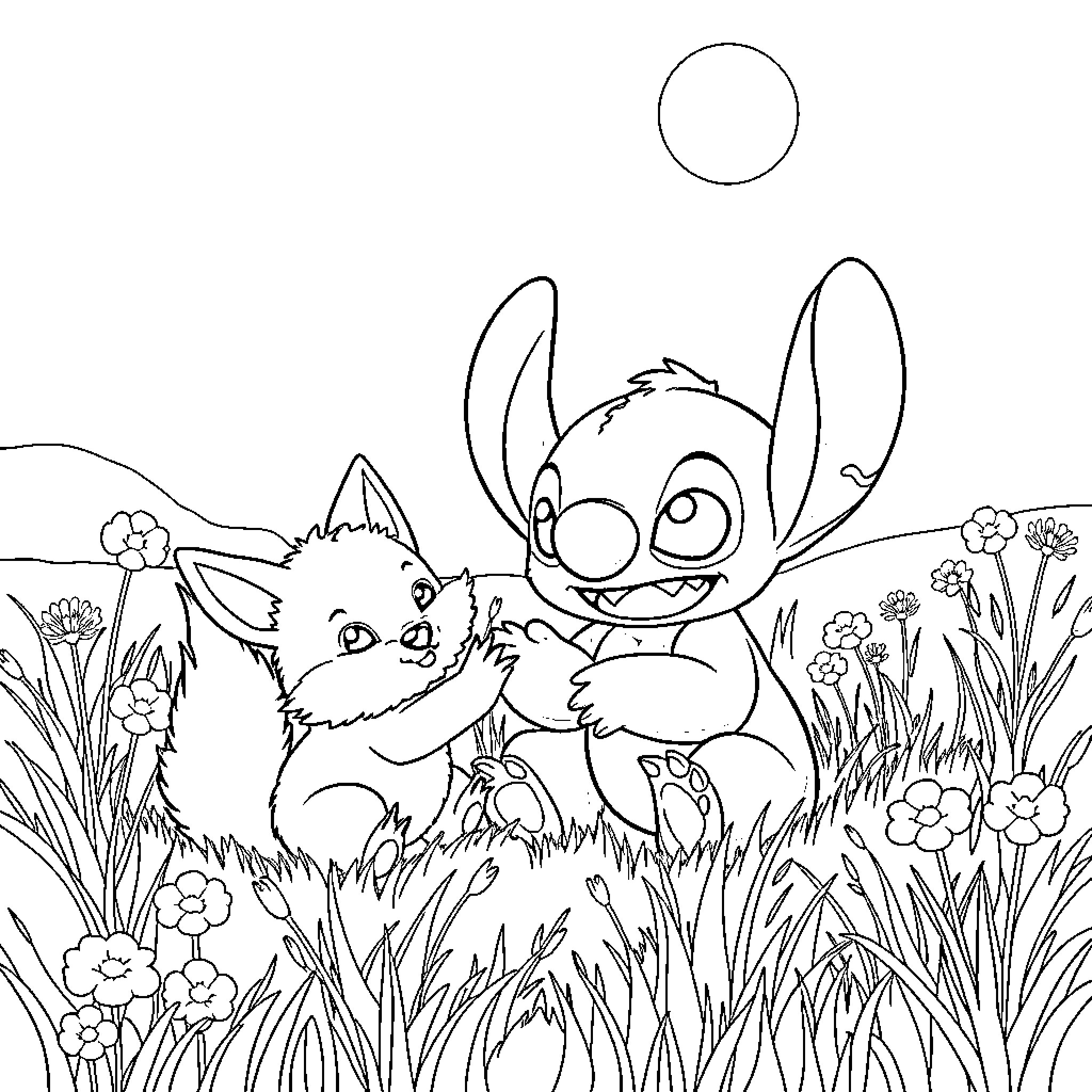 Stitch playing happily with a rabbit in a floral field Coloring Page (free black-and-white line drawing printable PDF for all, from beginners to advanced learners, including children, teens, adults, and seniors)