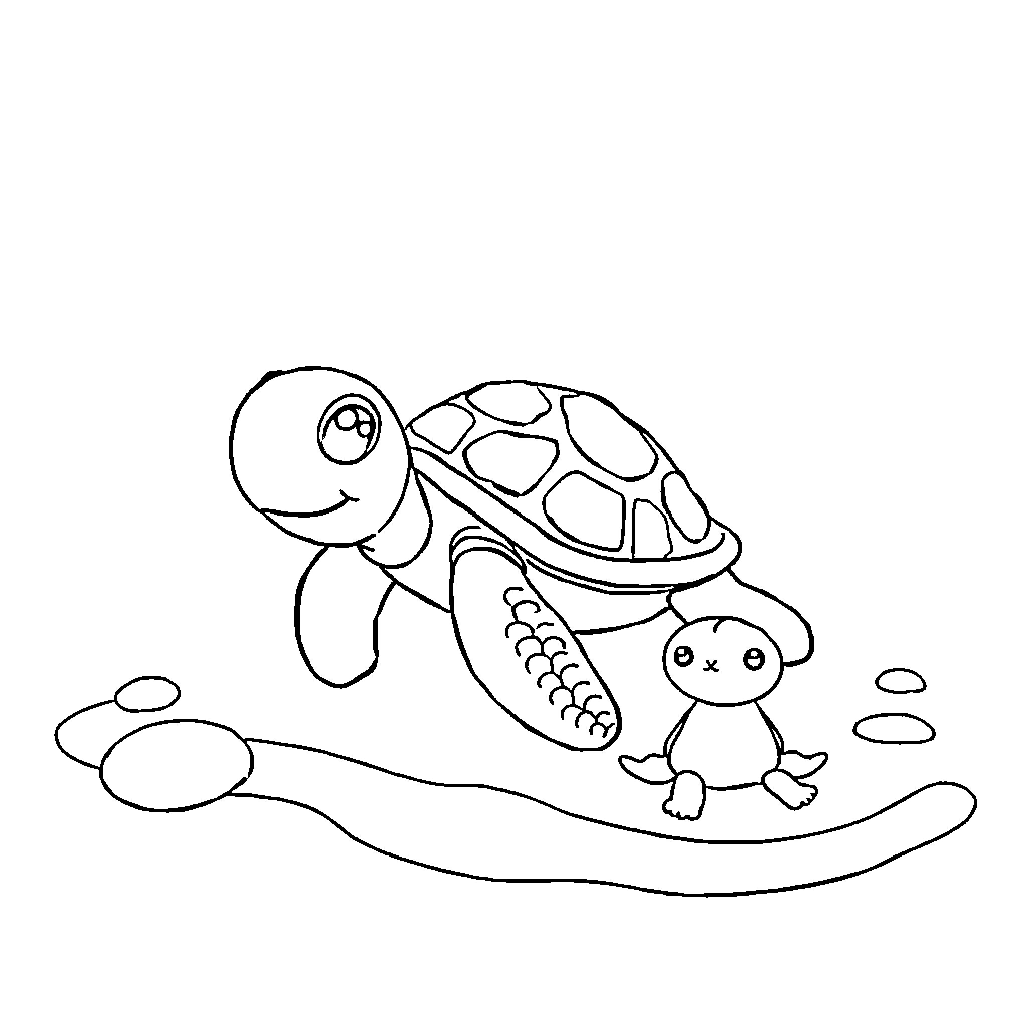 Turtle friends exploring the outdoors Coloring Page (free black-and-white line drawing printable PDF for all, from beginners to advanced learners, including children, teens, adults, and seniors)