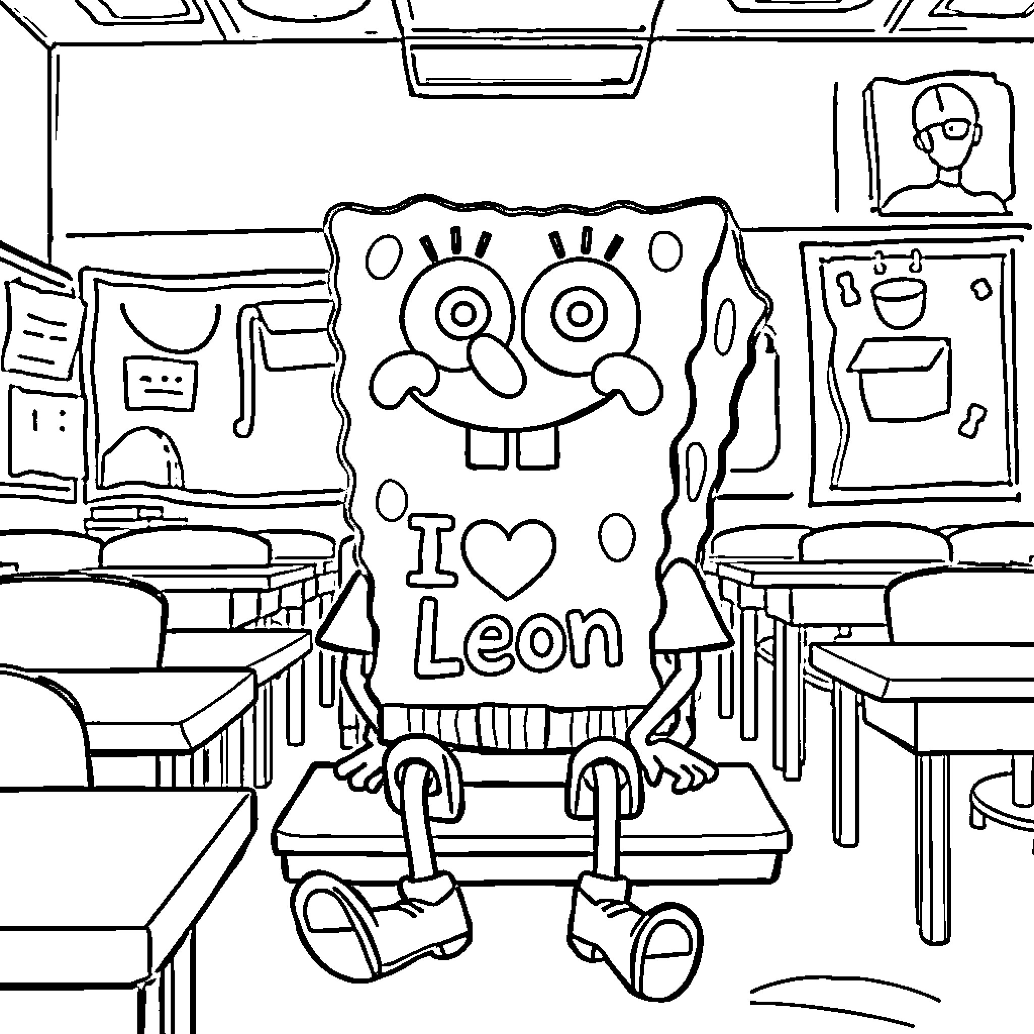 Spongebob expressing love for Leon in the classroom Coloring Page (free black-and-white line drawing printable PDF for all, from beginners to advanced learners, including children, teens, adults, and seniors)