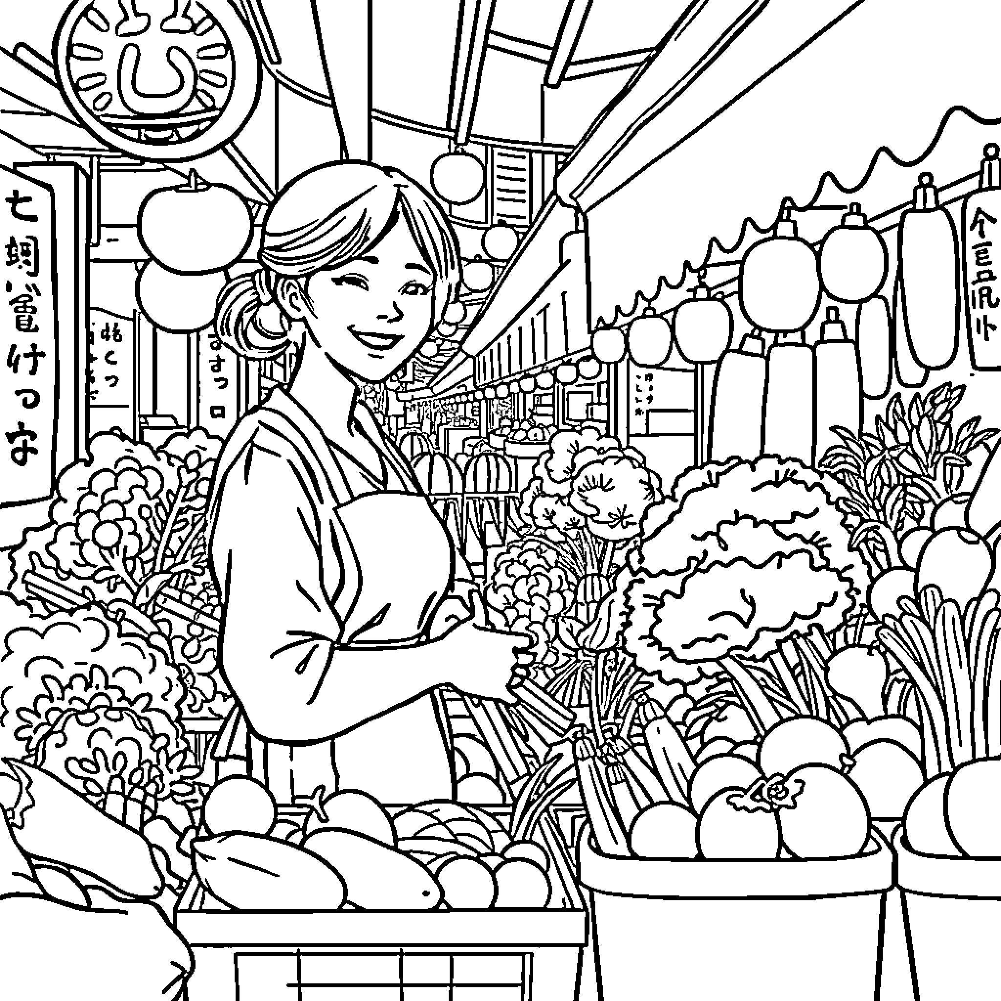 Woman browsing fresh produce at a local market Coloring Page (free black-and-white line drawing printable PDF for all, from beginners to advanced learners, including children, teens, adults, and seniors)
