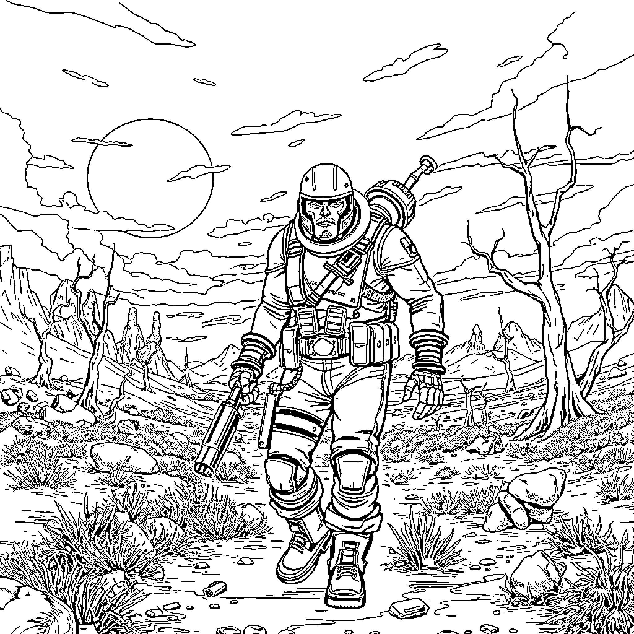 Frank Horrigan exploring the rugged alien landscape Coloring Page (free black-and-white line drawing printable PDF for all, from beginners to advanced learners, including children, teens, adults, and seniors)