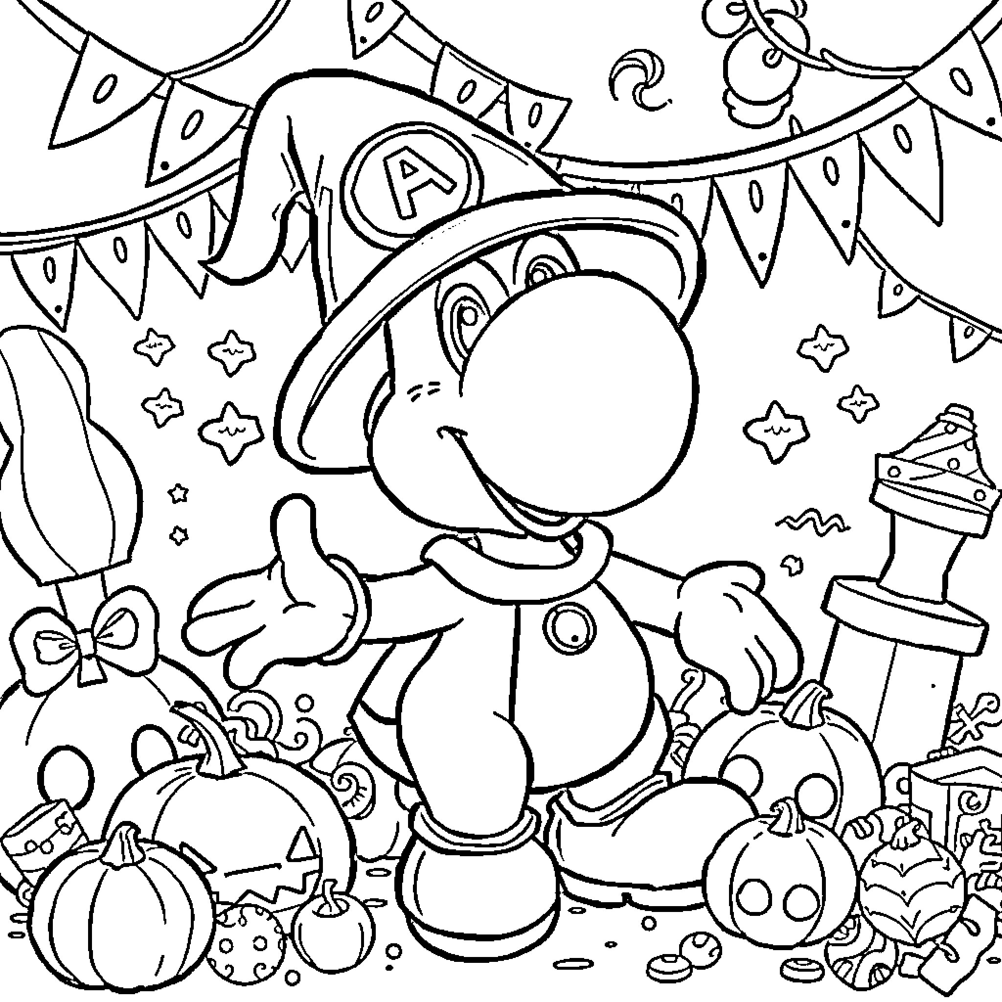 Yoshi's Festive Celebration Coloring Page (free black-and-white line drawing printable PDF for all, from beginners to advanced learners, including children, teens, adults, and seniors)