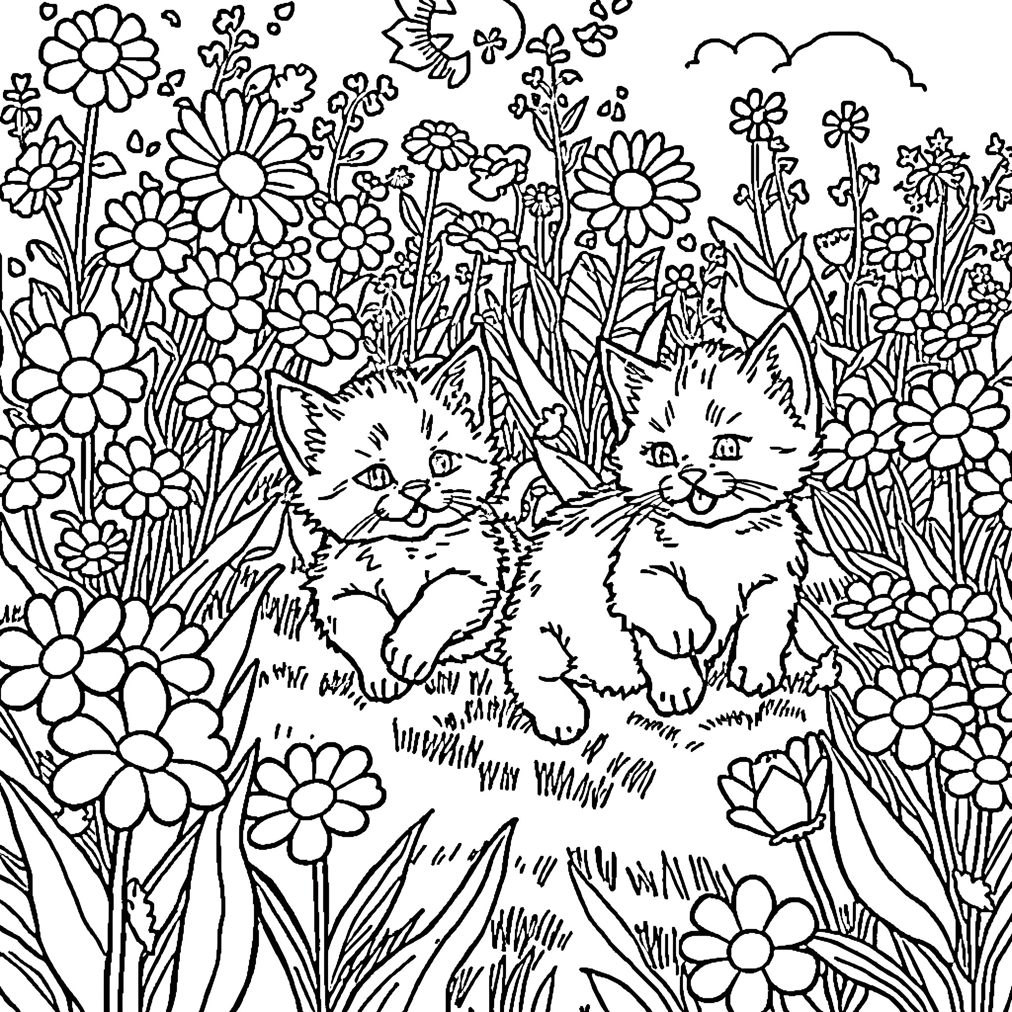 Kittens playing in a floral field Coloring Page (free black-and-white line drawing printable PDF for all, from beginners to advanced learners, including children, teens, adults, and seniors)