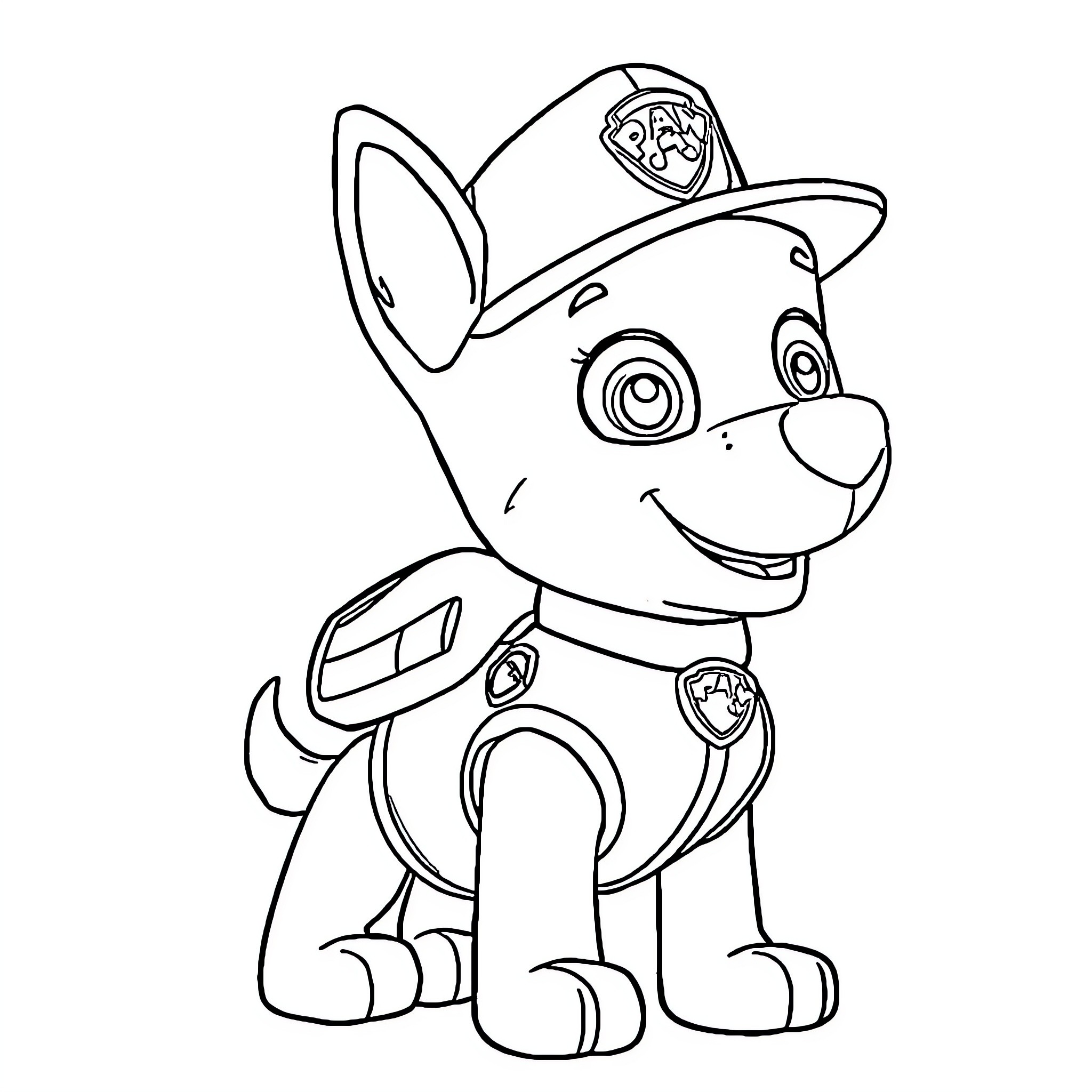 Max the Puppy in Uniform Happily Poses Coloring Page (free black-and-white line drawing printable PDF for all, from beginners to advanced learners, including children, teens, adults, and seniors)