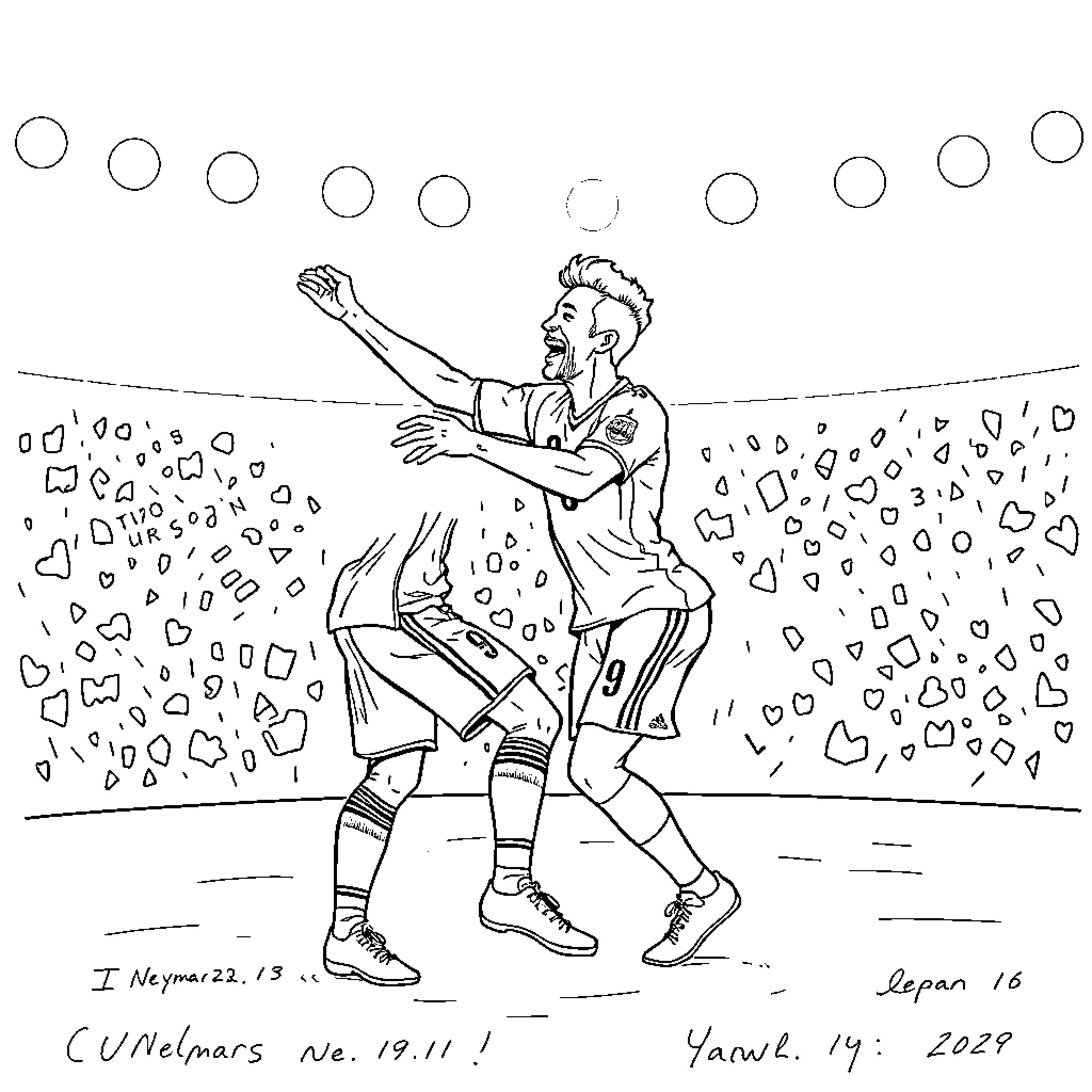 Neymar celebrates goal with enthusiastic gesture Coloring Page (free black-and-white line drawing printable PDF for all, from beginners to advanced learners, including children, teens, adults, and seniors)