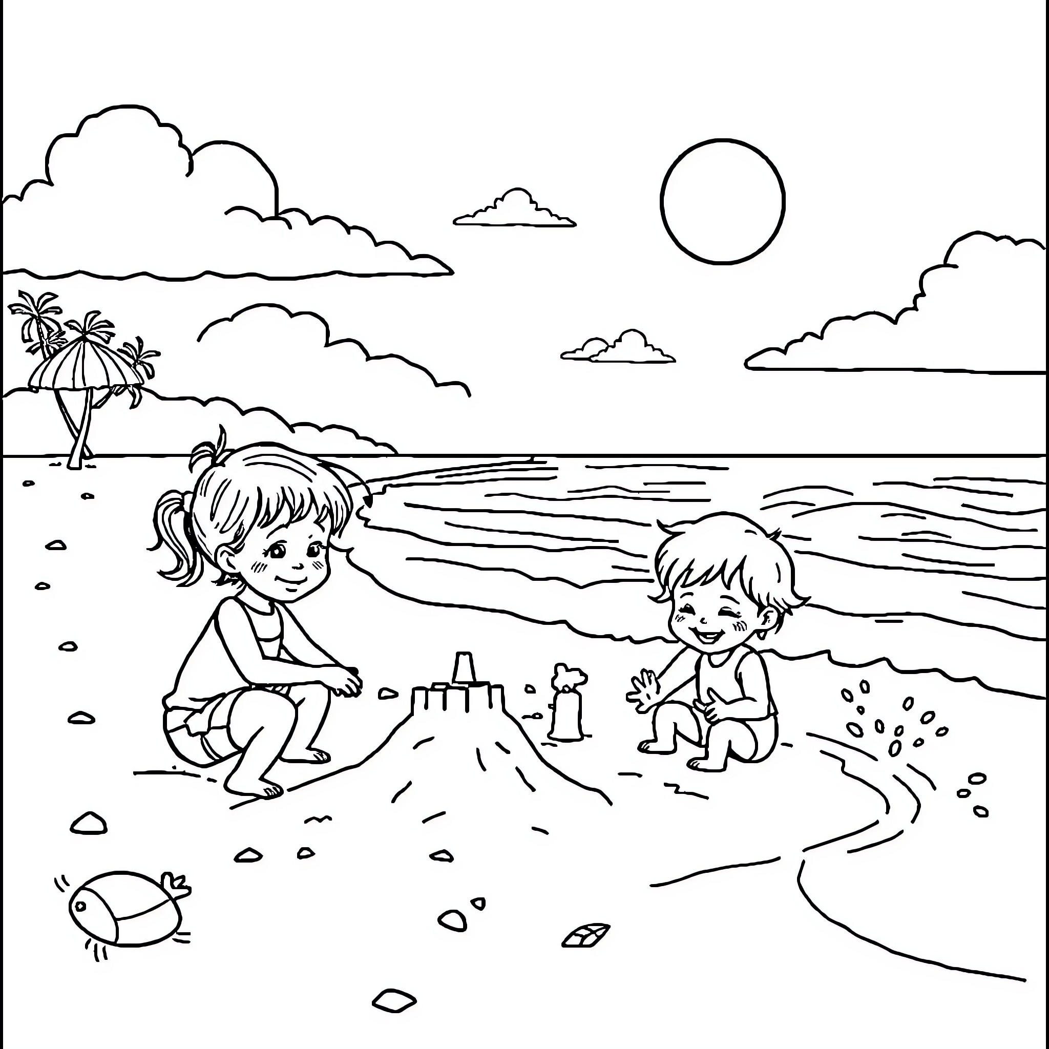 Beach scene with children playing Coloring Page (free black-and-white line drawing printable PDF for all, from beginners to advanced learners, including children, teens, adults, and seniors)