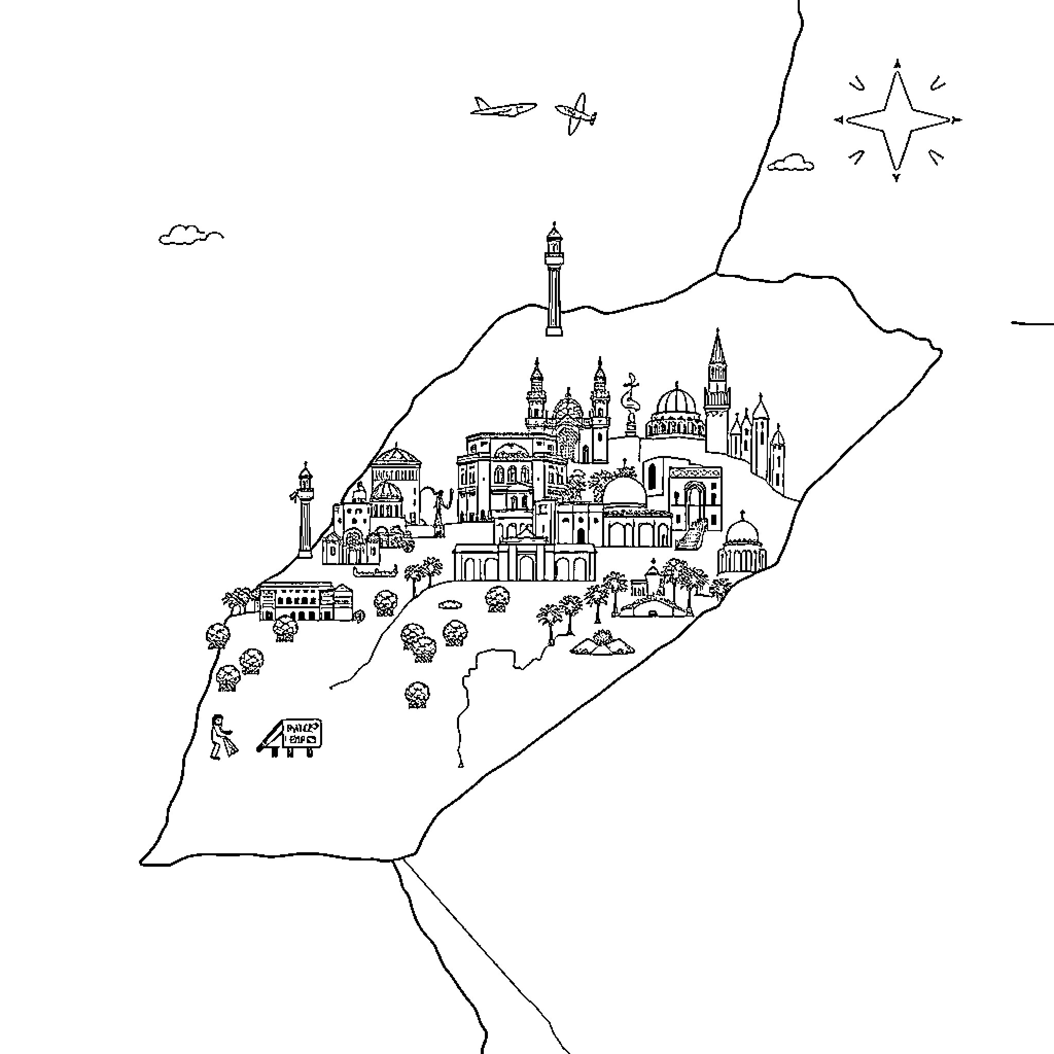 Map of a whimsical medieval town and countryside Coloring Page (free black-and-white line drawing printable PDF for all, from beginners to advanced learners, including children, teens, adults, and seniors)