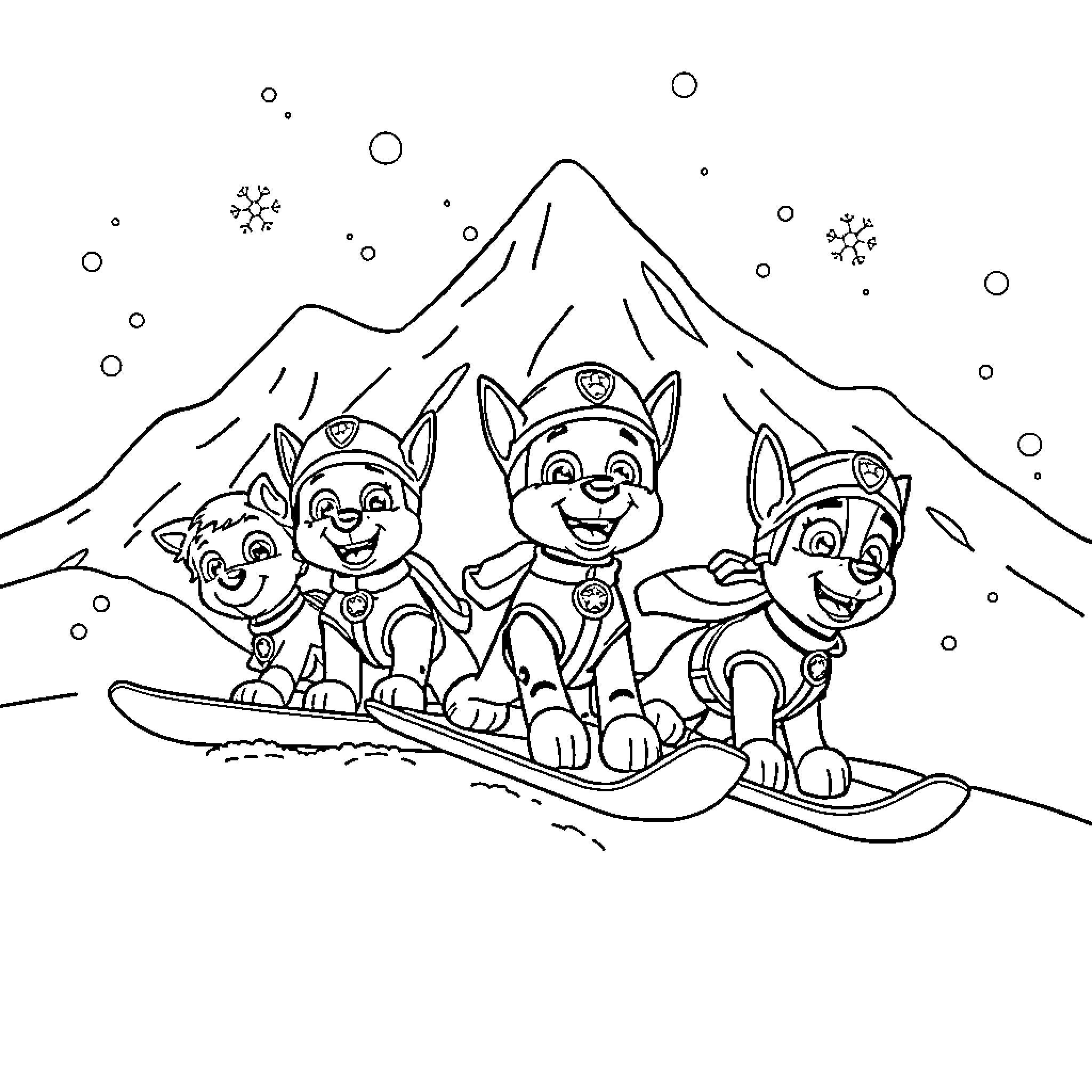 Paw Patrol Pups Snowboarding on the Mountain Coloring Page (free black-and-white line drawing printable PDF for all, from beginners to advanced learners, including children, teens, adults, and seniors)