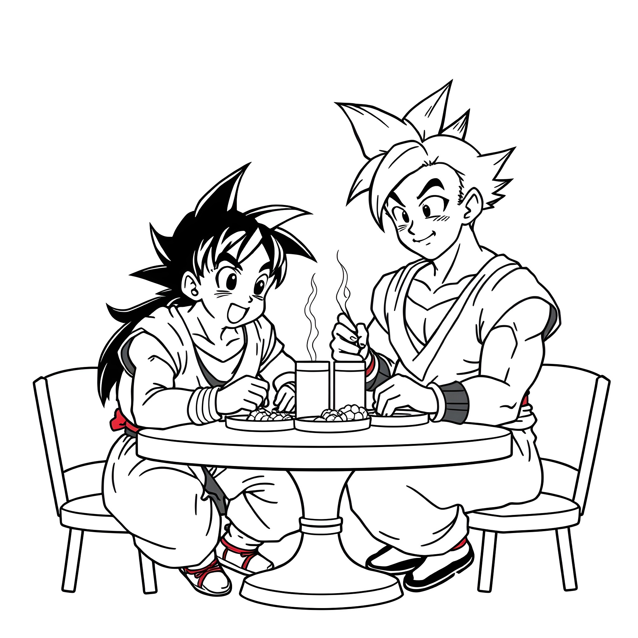 Goku and Vegeta enjoying a meal together Coloring Page (free black-and-white line drawing printable PDF for all, from beginners to advanced learners, including children, teens, adults, and seniors)