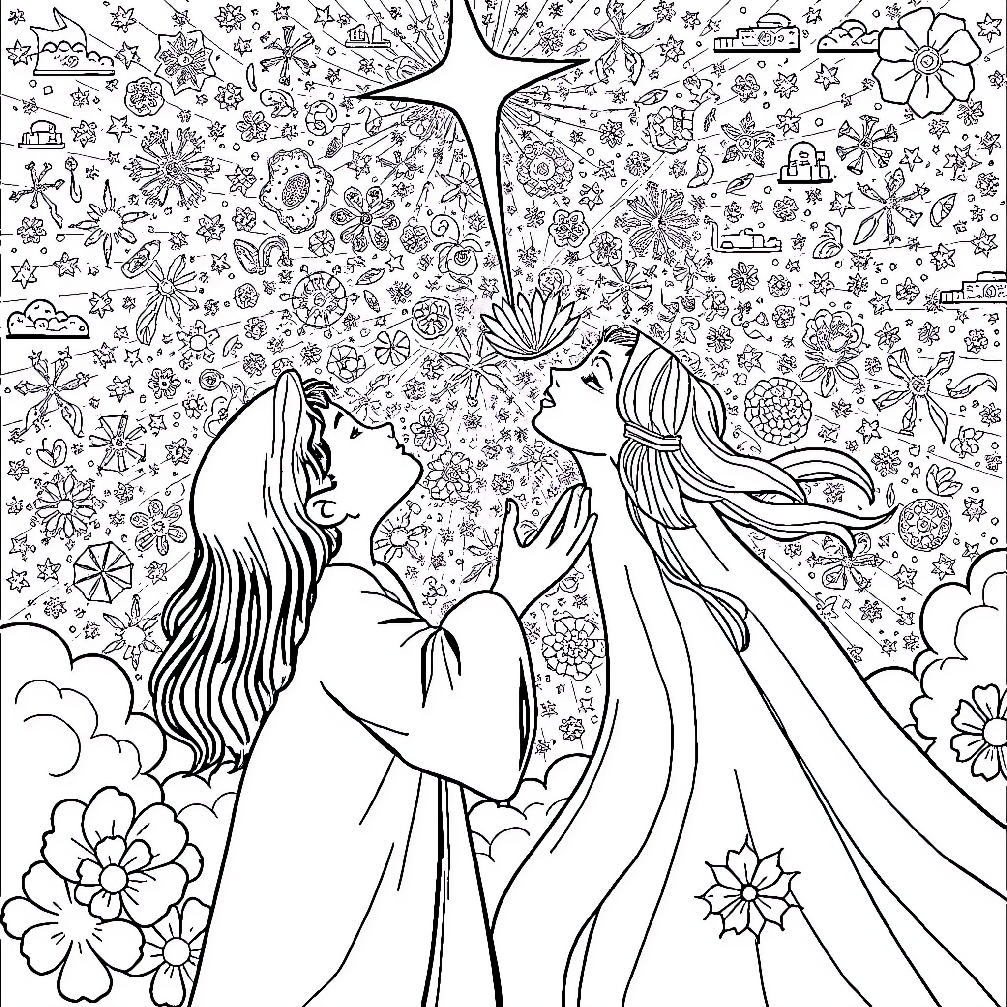 Miraculous Floral Enchantment with Celestial Figures Coloring Page (free black-and-white line drawing printable PDF for all, from beginners to advanced learners, including children, teens, adults, and seniors)