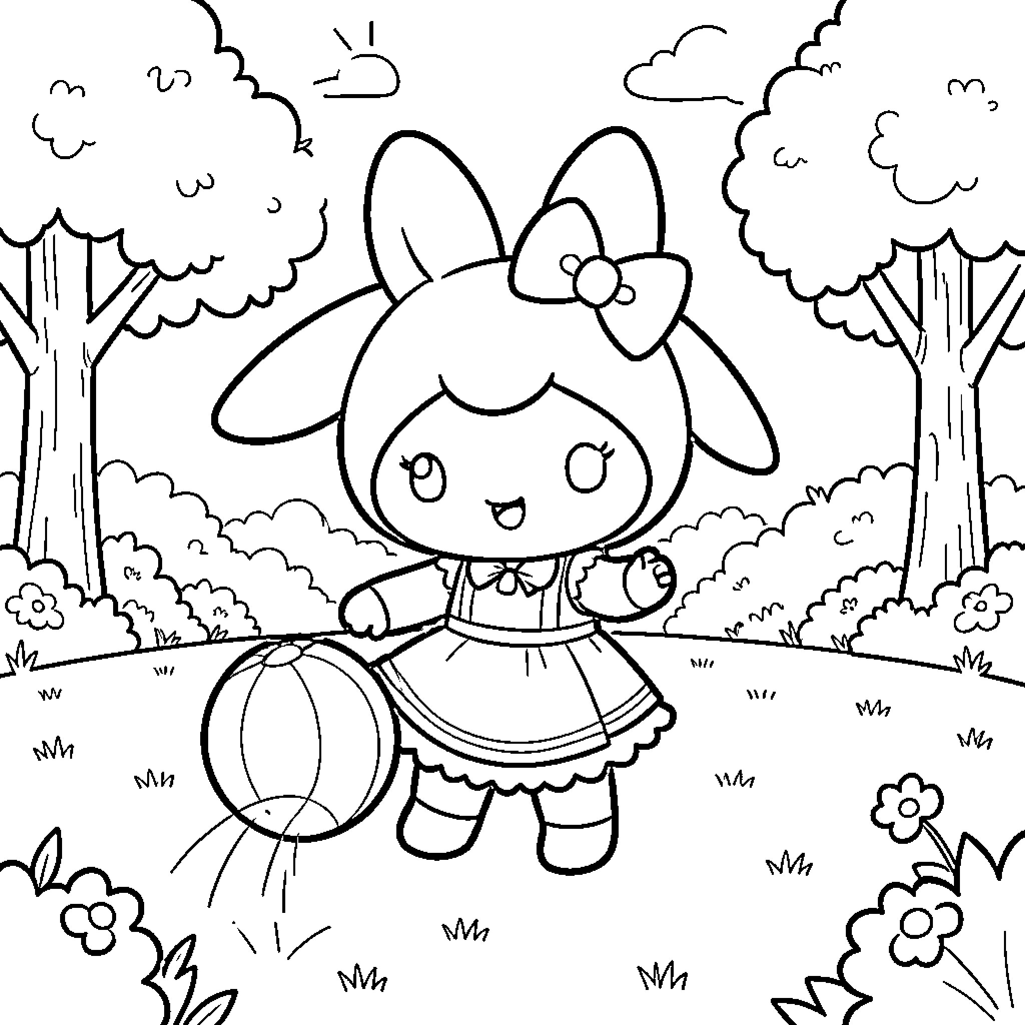 My Melody Exploring the Enchanted Forest Coloring Page (free black-and-white line drawing printable PDF for all, from beginners to advanced learners, including children, teens, adults, and seniors)