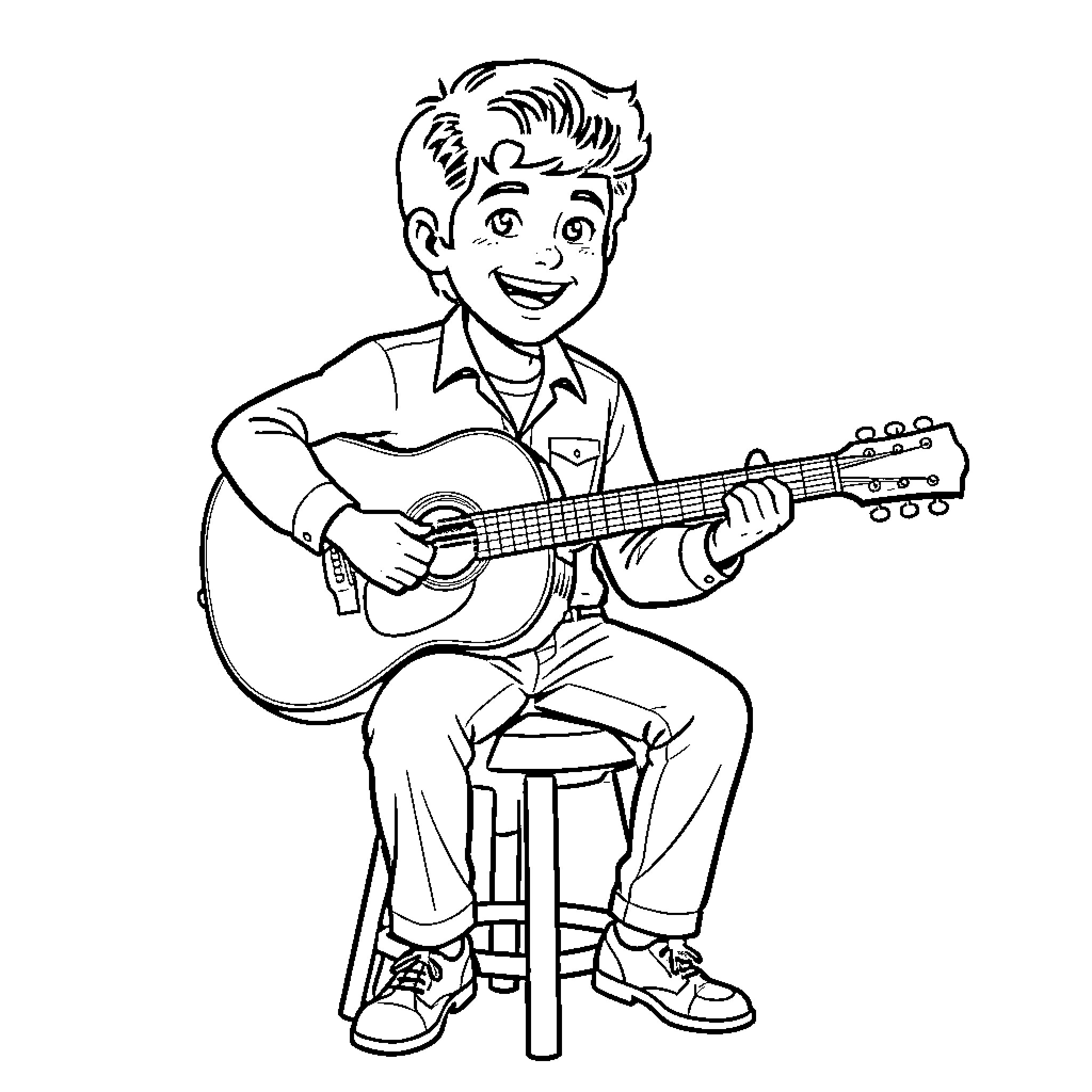 Ritchie Valens playing guitar with a cheerful expression Coloring Page (free black-and-white line drawing printable PDF for all, from beginners to advanced learners, including children, teens, adults, and seniors)
