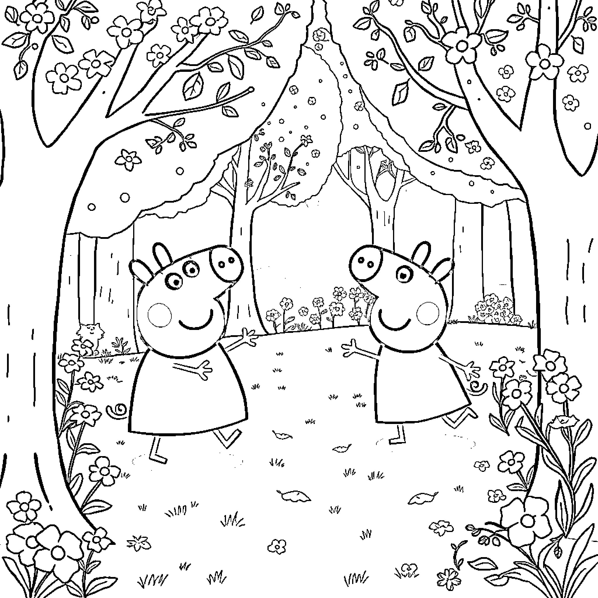 Peppa Pig enjoying a spring day in the forest Coloring Page (free black-and-white line drawing printable PDF for all, from beginners to advanced learners, including children, teens, adults, and seniors)