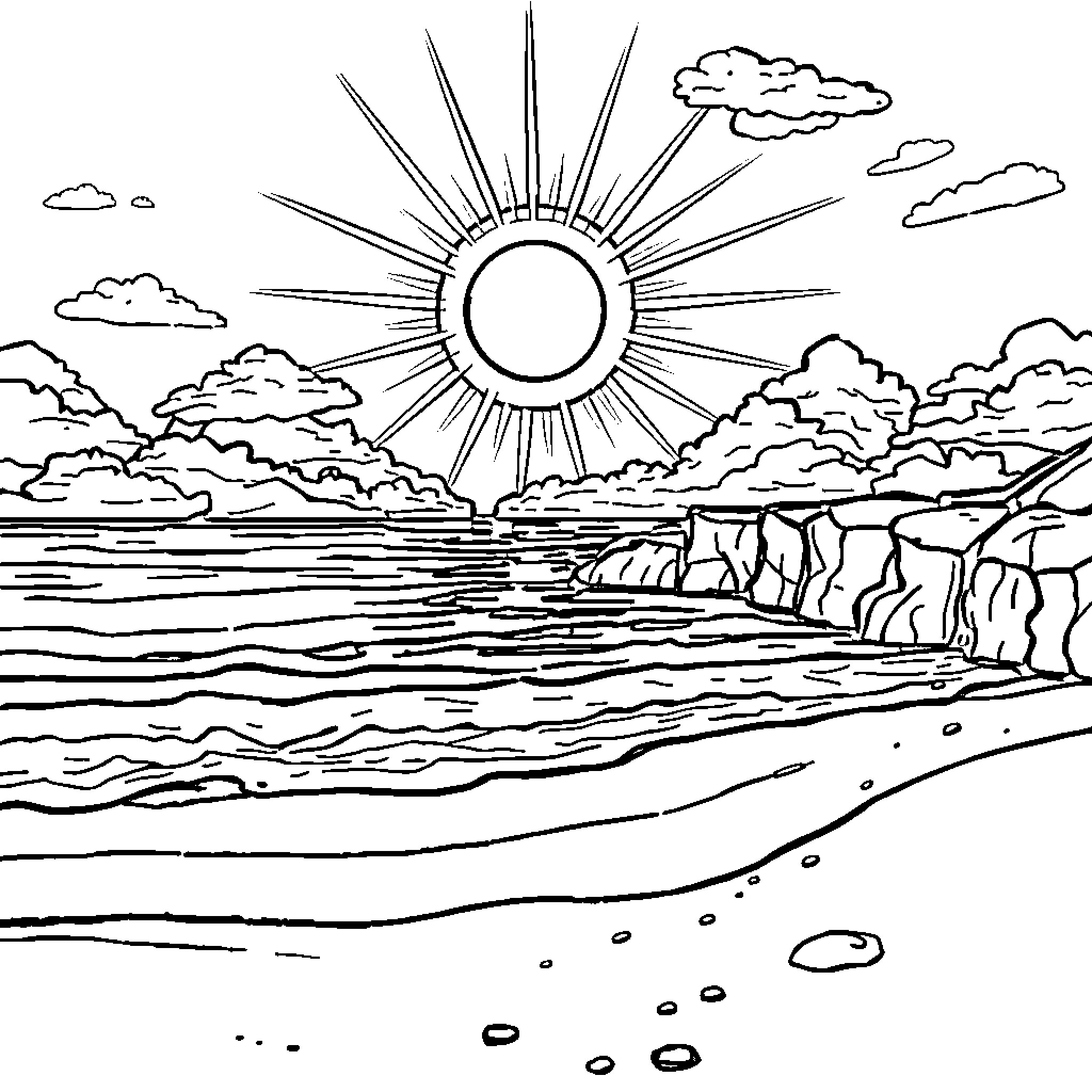 Rainbow Seascape with Radiant Sun Coloring Page (free black-and-white line drawing printable PDF for all, from beginners to advanced learners, including children, teens, adults, and seniors)