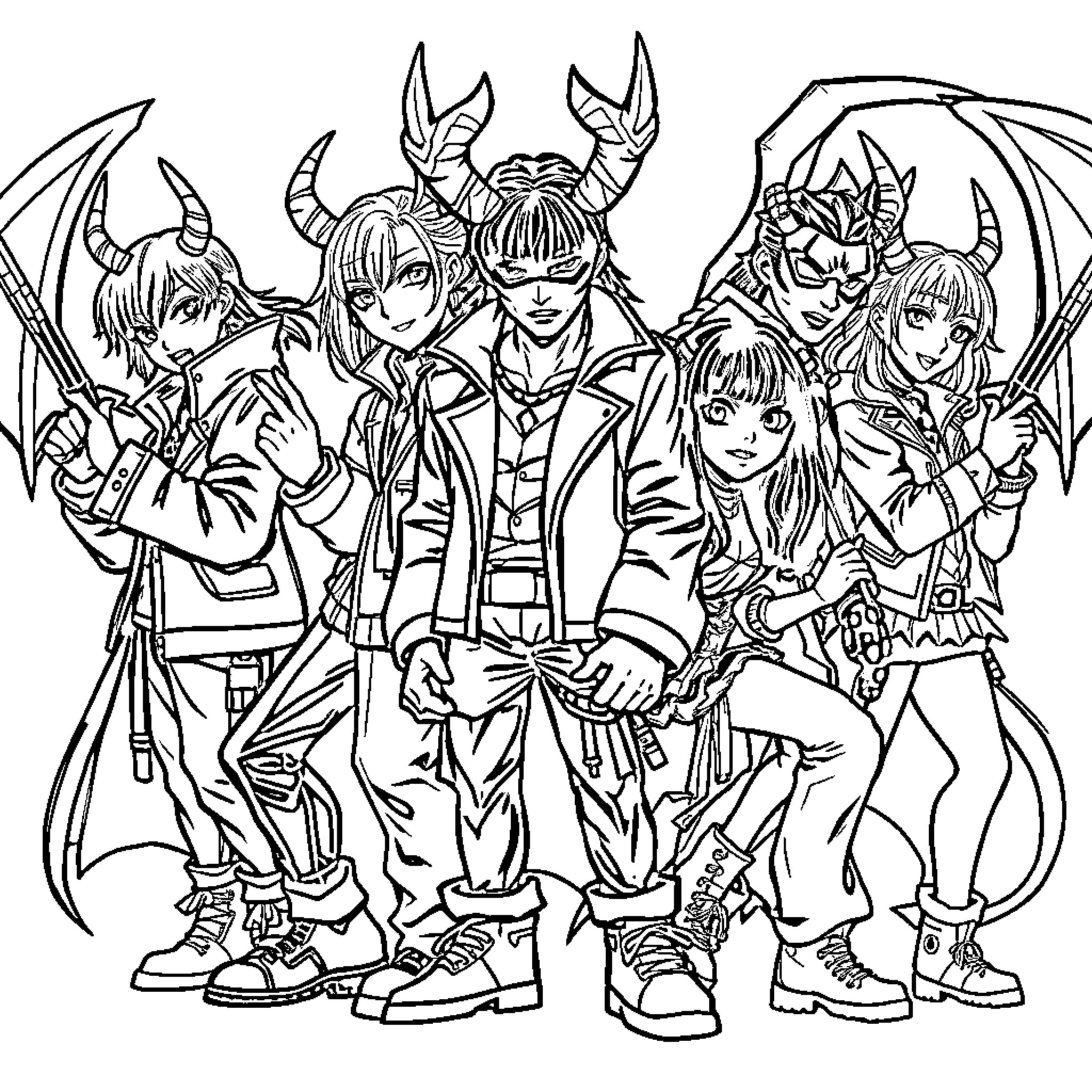 Demon Hunters with Fierce Expressions and Unusual Attire Coloring Page (free black-and-white line drawing printable PDF for all, from beginners to advanced learners, including children, teens, adults, and seniors)