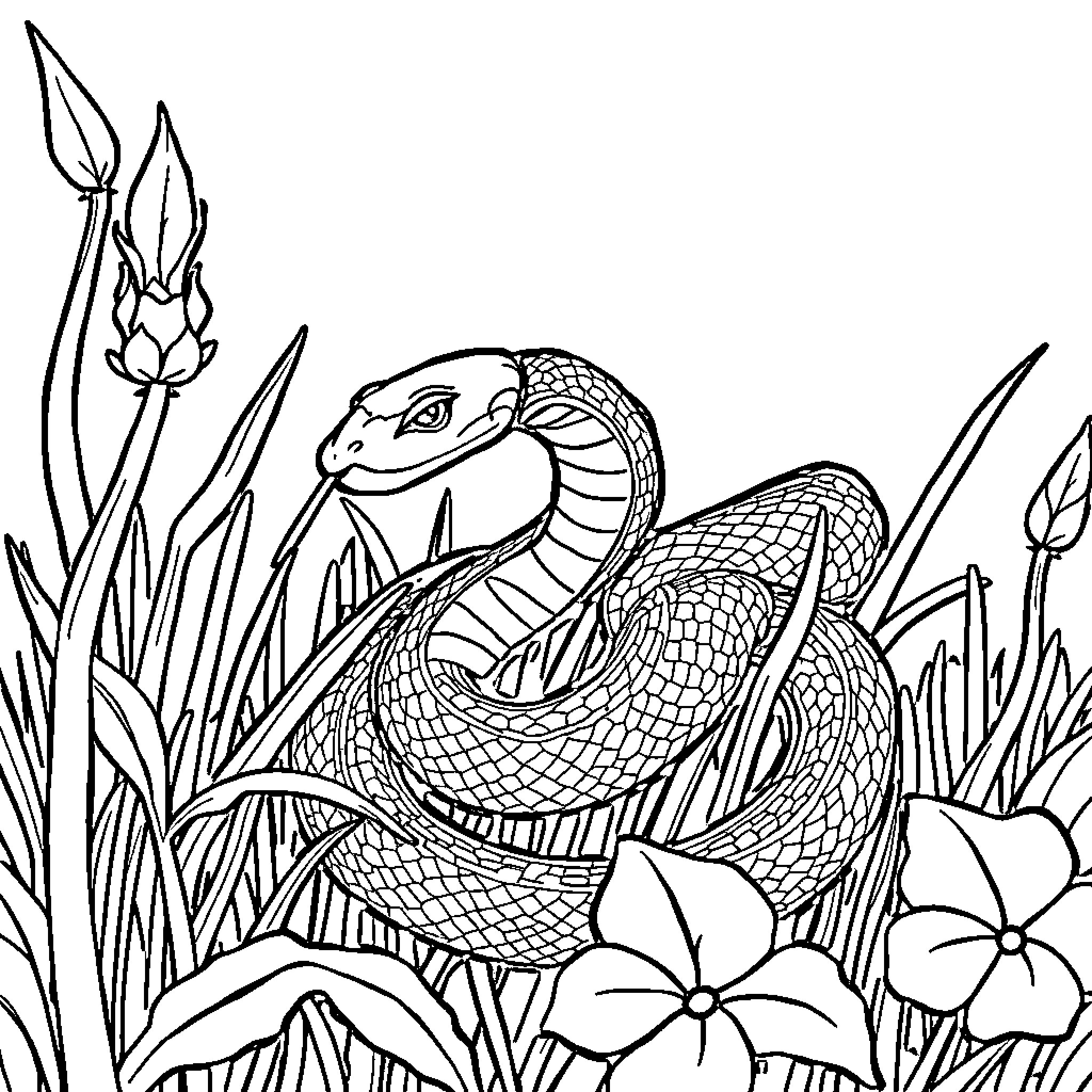 Serpent slithering among vibrant flowers Coloring Page (free black-and-white line drawing printable PDF for all, from beginners to advanced learners, including children, teens, adults, and seniors)