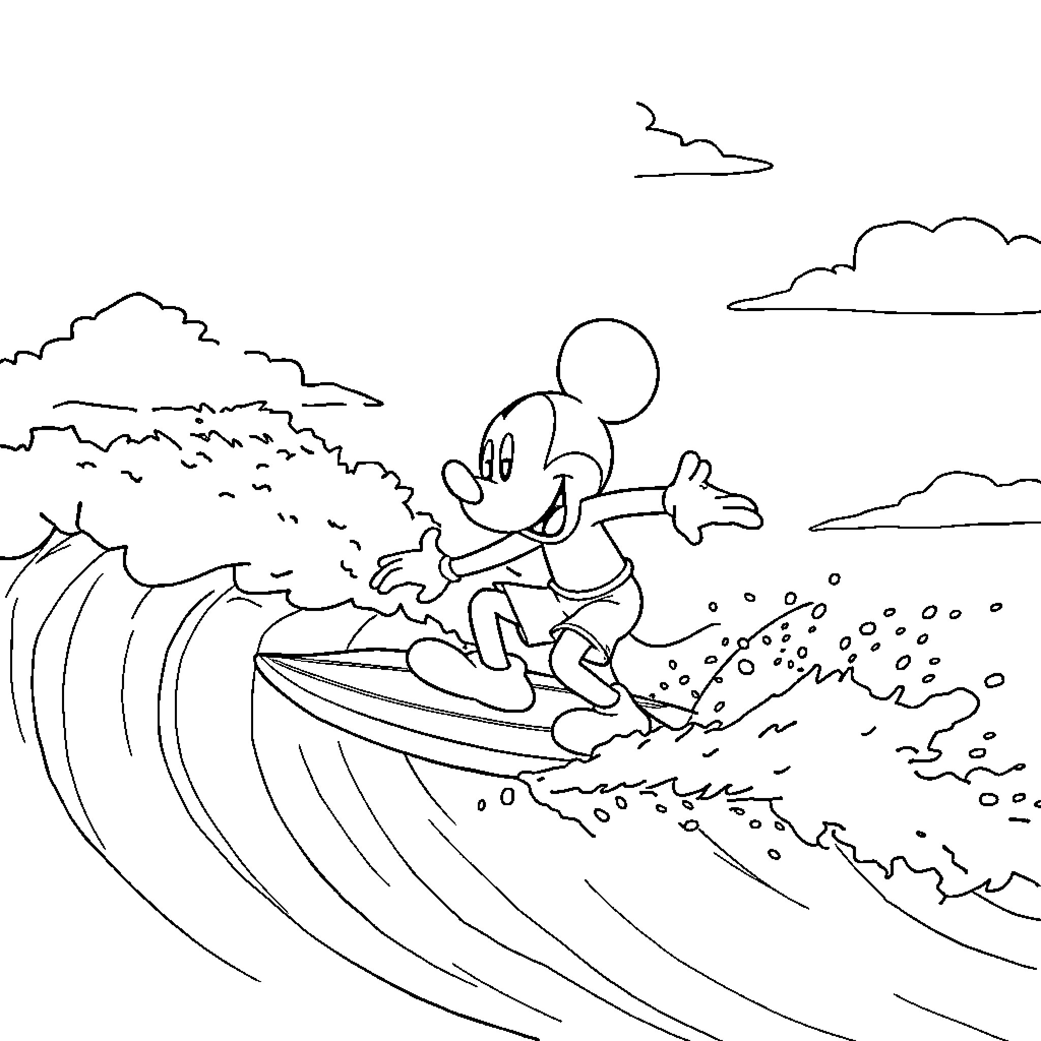 Mickey surfing on a big wave Coloring Page (free black-and-white line drawing printable PDF for all, from beginners to advanced learners, including children, teens, adults, and seniors)