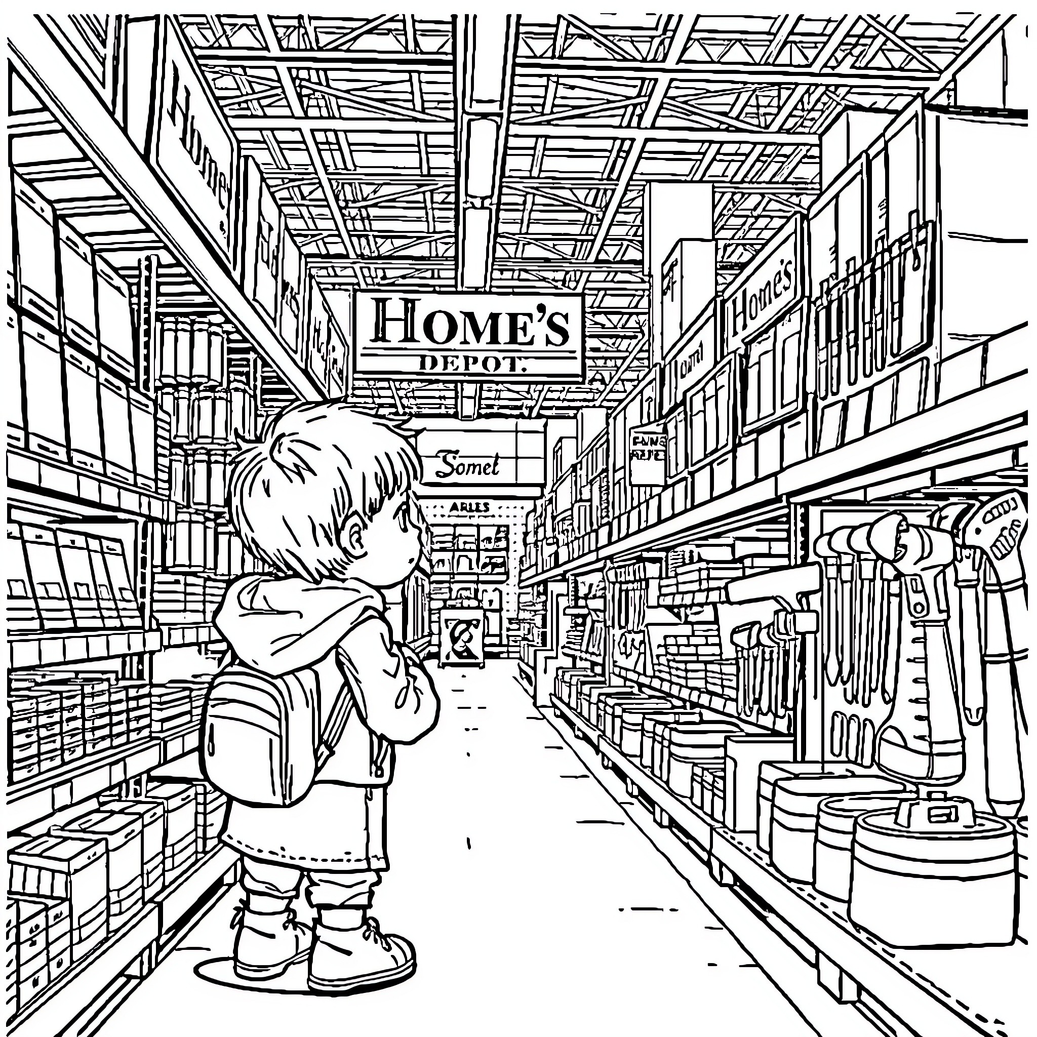 Child exploring home improvement store Coloring Page (free black-and-white line drawing printable PDF for all, from beginners to advanced learners, including children, teens, adults, and seniors)