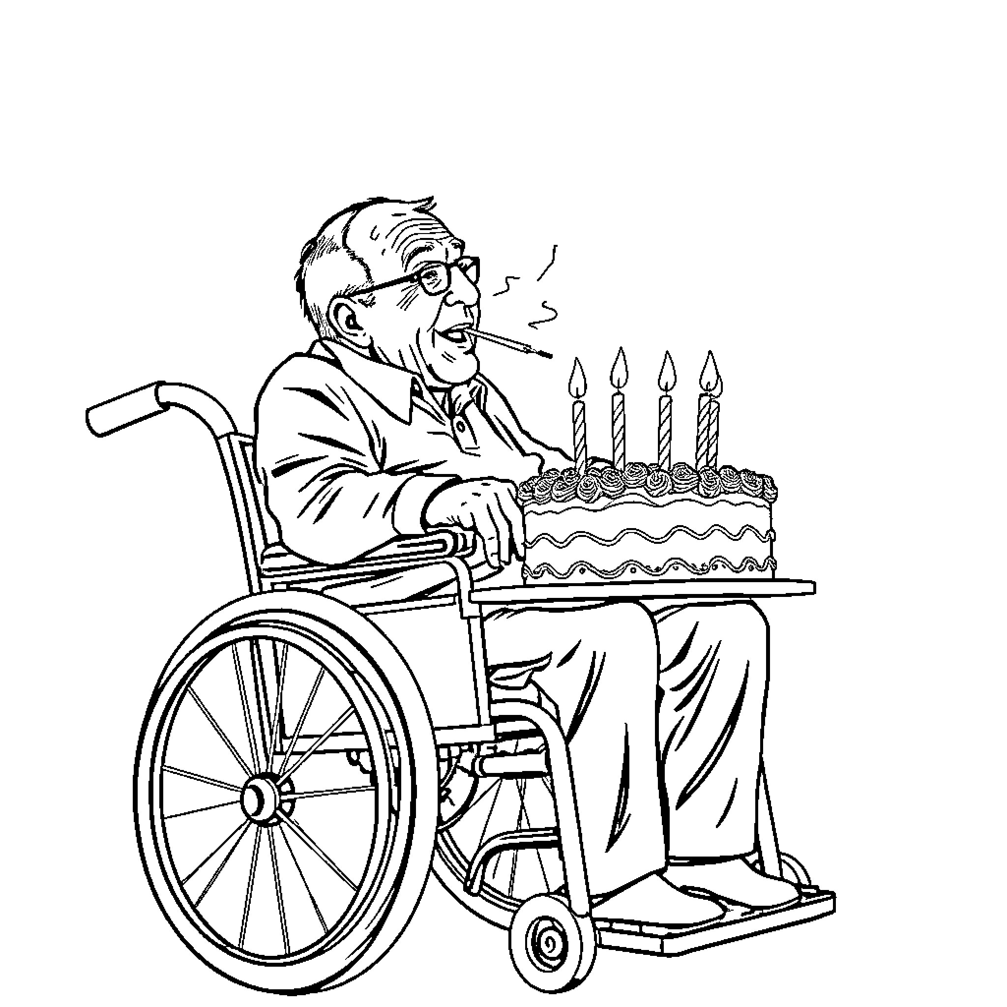 Gentleman Celebrating Birthday in Wheelchair Coloring Page (free black-and-white line drawing printable PDF for all, from beginners to advanced learners, including children, teens, adults, and seniors)