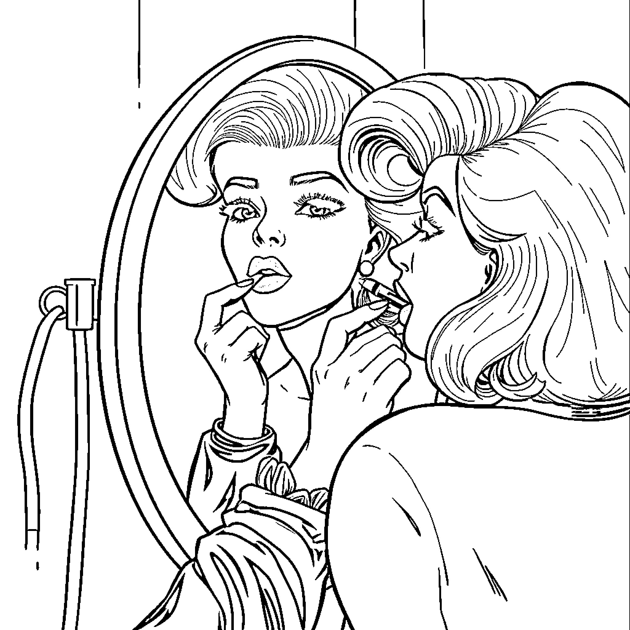 Rochelle Goyle applying makeup in front of mirror Coloring Page (free black-and-white line drawing printable PDF for all, from beginners to advanced learners, including children, teens, adults, and seniors)
