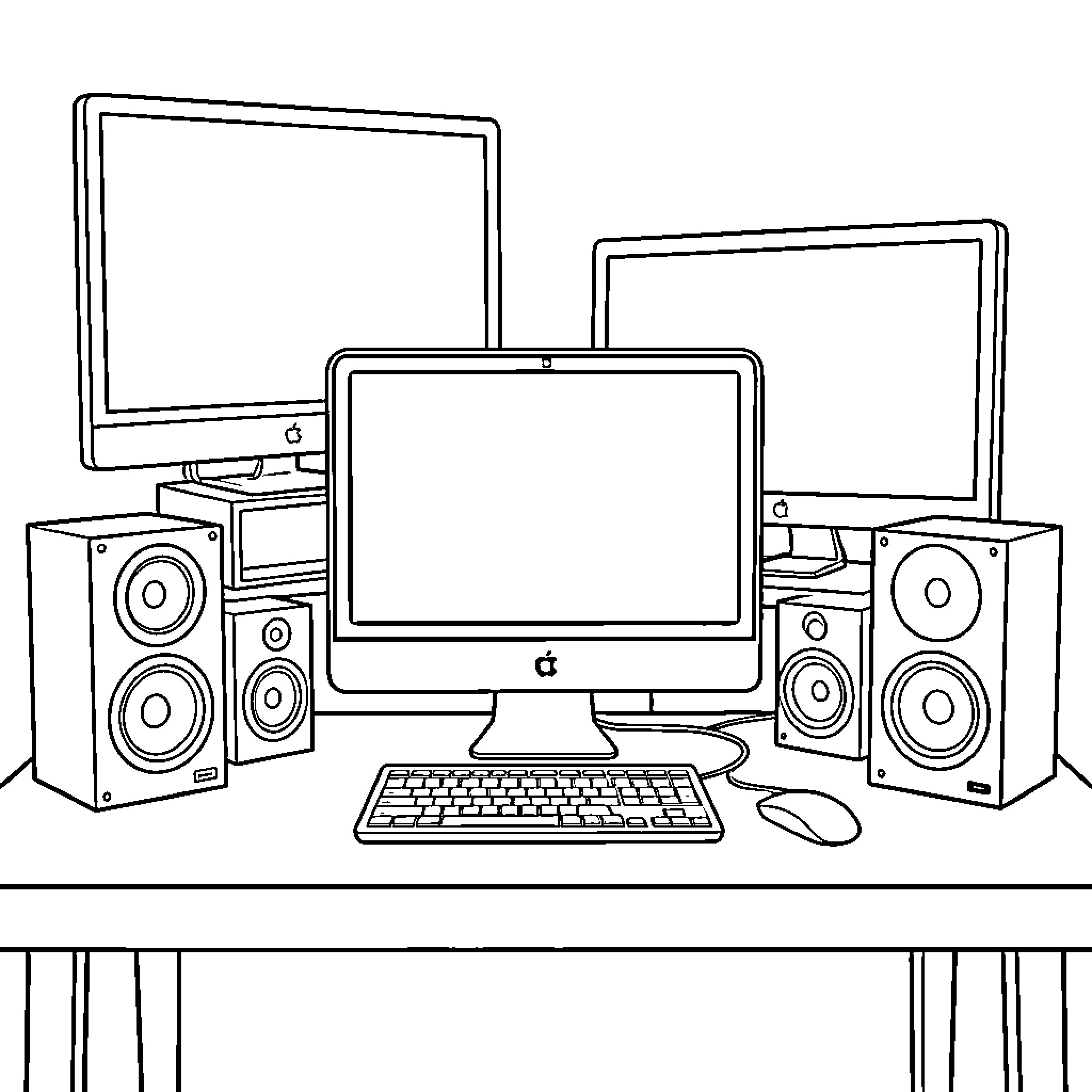 iMac workstation with speakers and peripherals Coloring Page (free black-and-white line drawing printable PDF for all, from beginners to advanced learners, including children, teens, adults, and seniors)