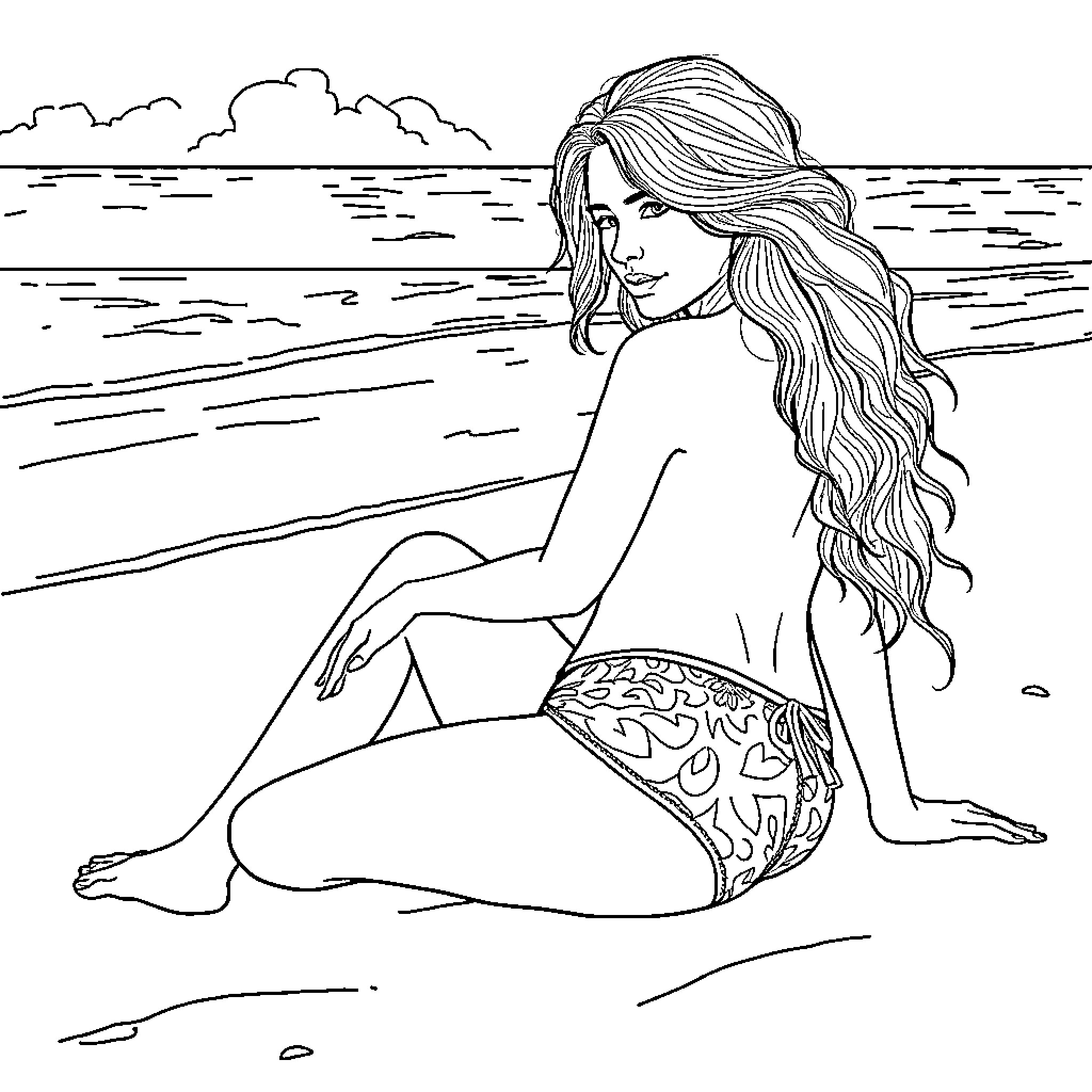 Woman sitting on the beach with long hair Coloring Page (free black-and-white line drawing printable PDF for all, from beginners to advanced learners, including children, teens, adults, and seniors)