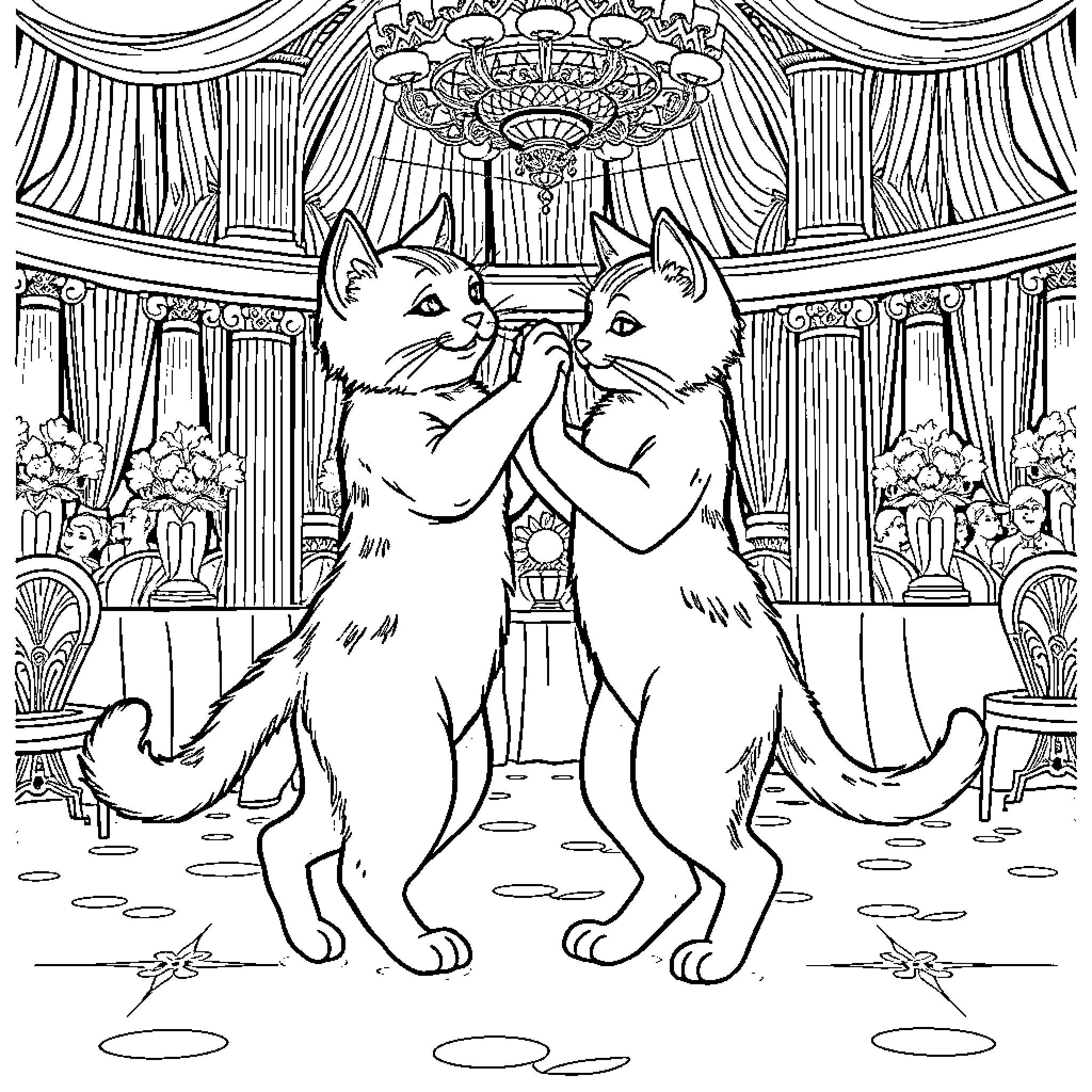 Cats dancing elegantly in a grand theater Coloring Page (free black-and-white line drawing printable PDF for all, from beginners to advanced learners, including children, teens, adults, and seniors)
