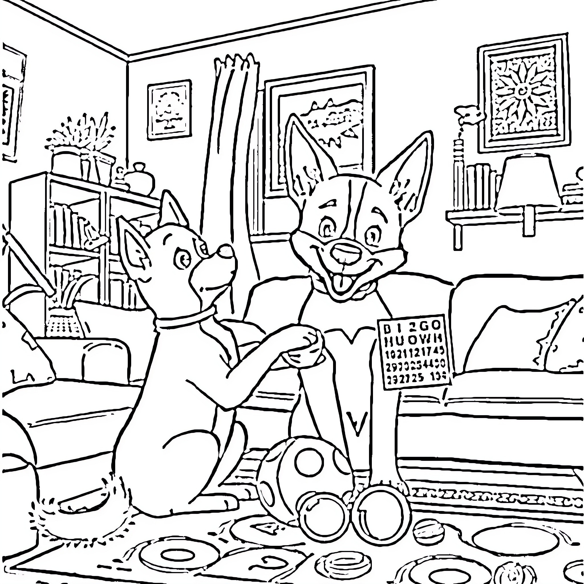 Bluey and Friends Enjoying a Playful Afternoon Coloring Page (free black-and-white line drawing printable PDF for all, from beginners to advanced learners, including children, teens, adults, and seniors)