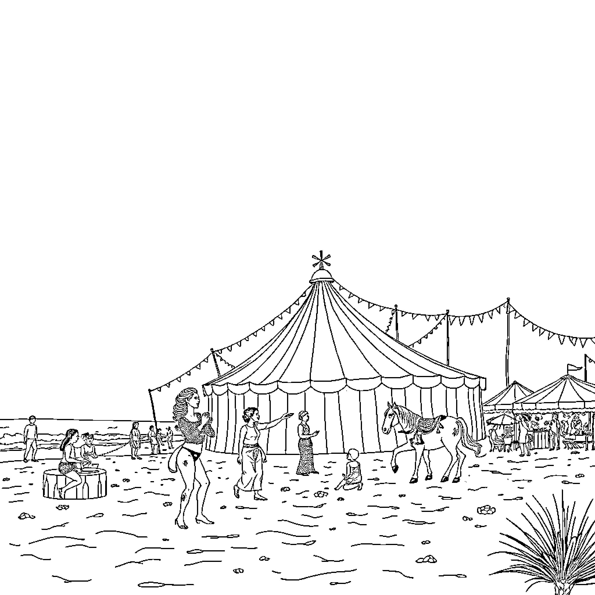 Circus performers and visitors at the fairground Coloring Page (free black-and-white line drawing printable PDF for all, from beginners to advanced learners, including children, teens, adults, and seniors)