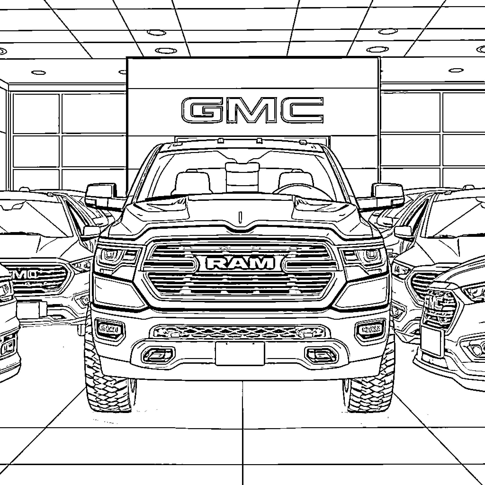 Truck displayed in showroom with logo and branding Coloring Page (free black-and-white line drawing printable PDF for all, from beginners to advanced learners, including children, teens, adults, and seniors)