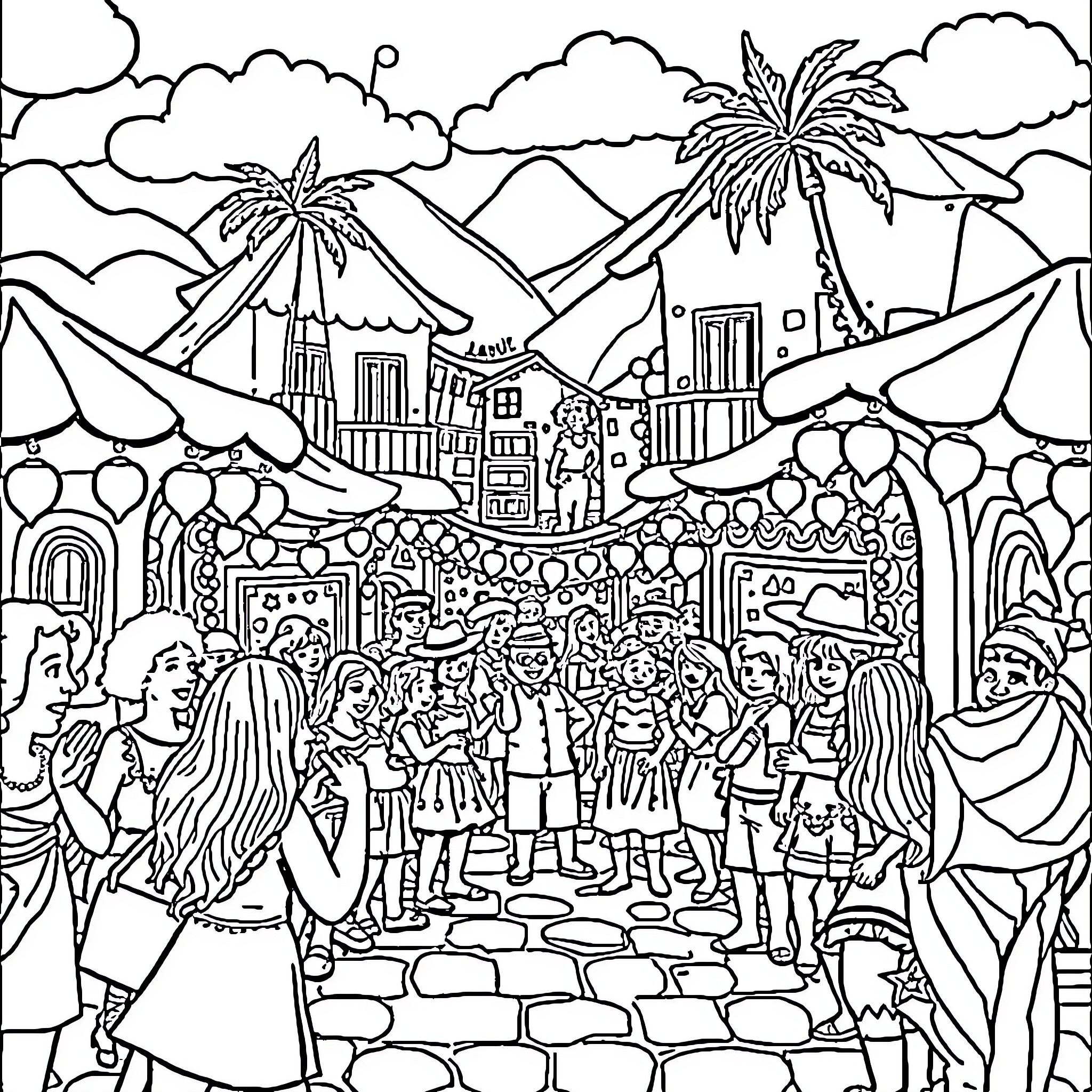 Labobo: Festive Carnival Scene with Lively Crowds Coloring Page (free black-and-white line drawing printable PDF for all, from beginners to advanced learners, including children, teens, adults, and seniors)