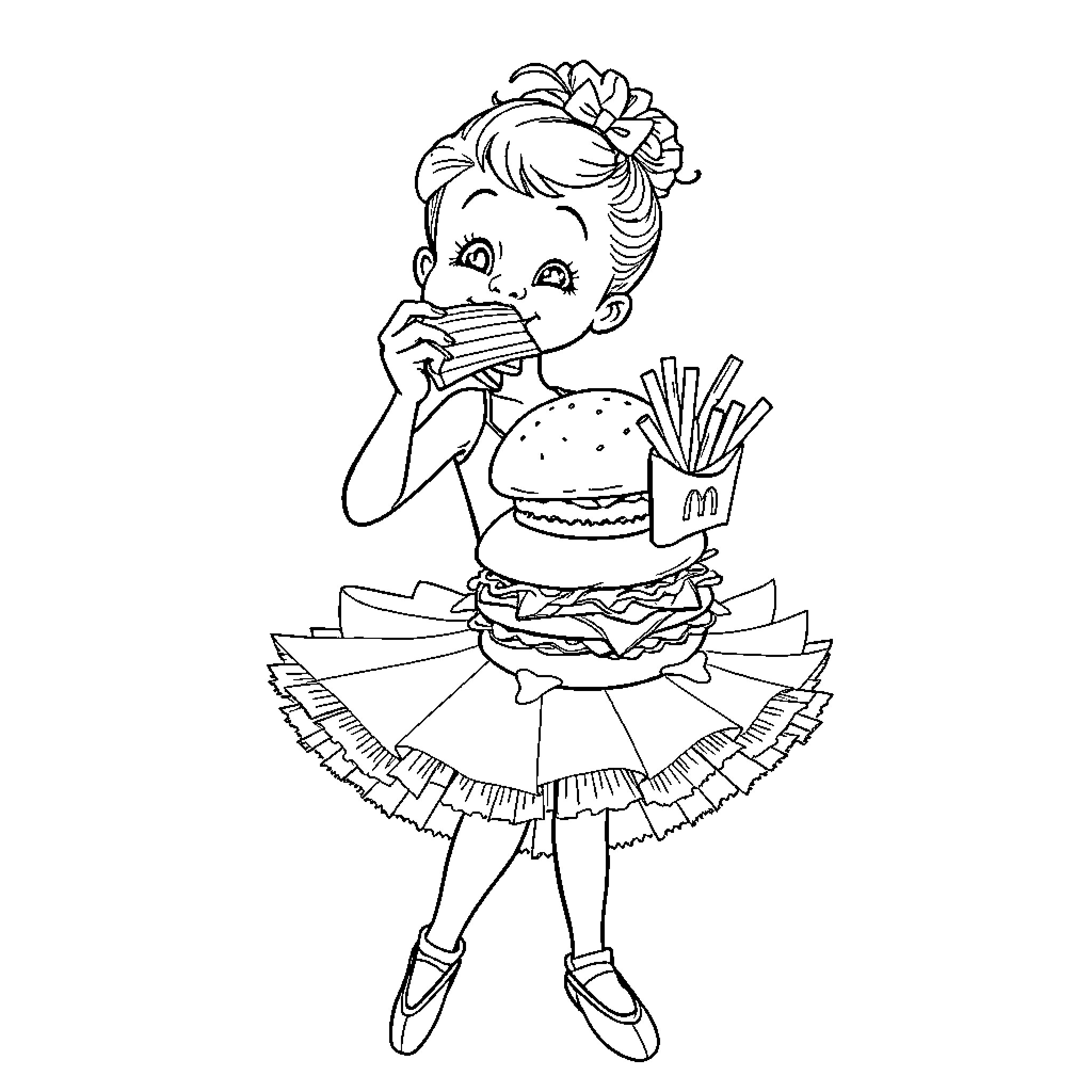 Ballet Dancer Enjoying a Burger and Fries Coloring Page (free black-and-white line drawing printable PDF for all, from beginners to advanced learners, including children, teens, adults, and seniors)