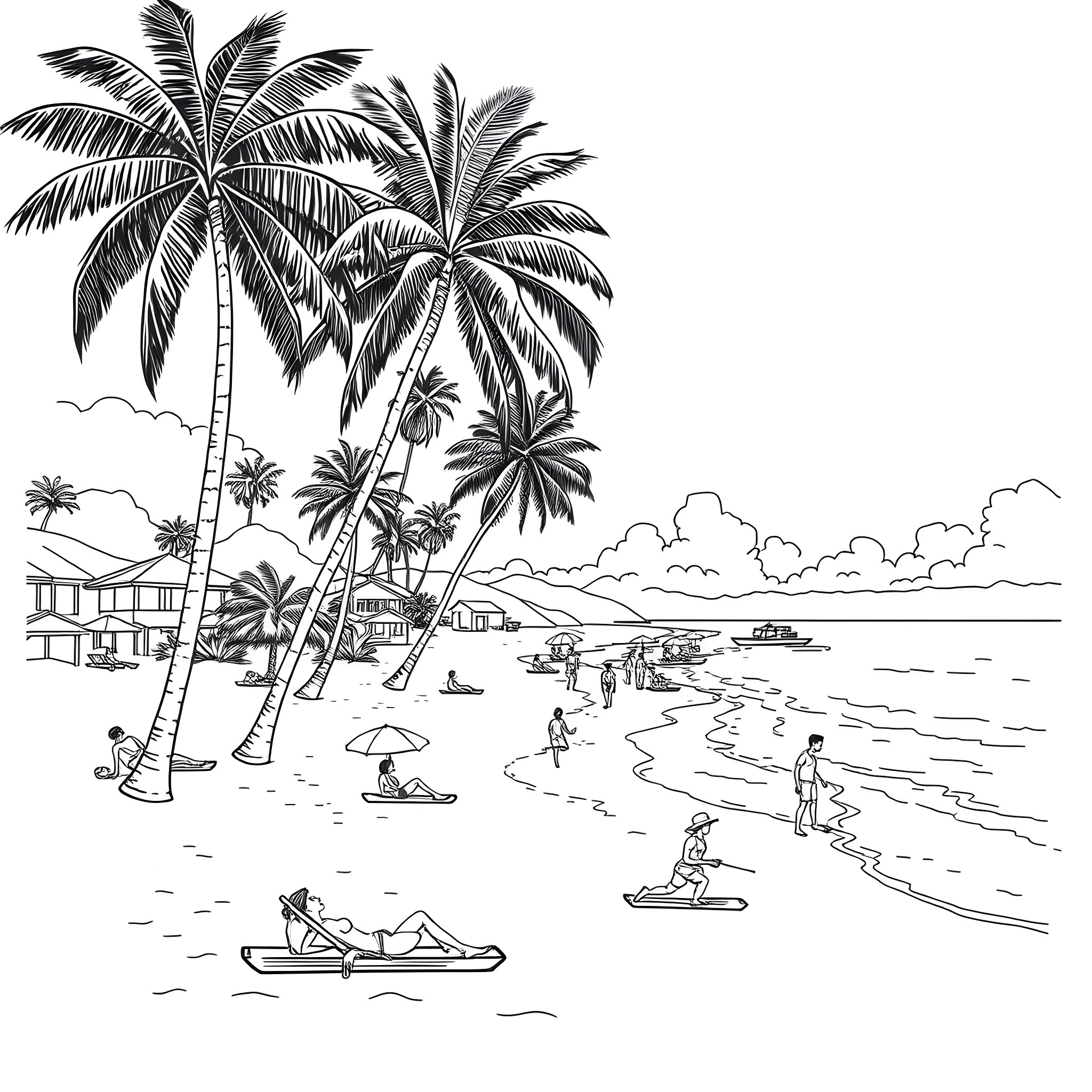 Beach scene with palm trees and people relaxing Coloring Page (free black-and-white line drawing printable PDF for all, from beginners to advanced learners, including children, teens, adults, and seniors)