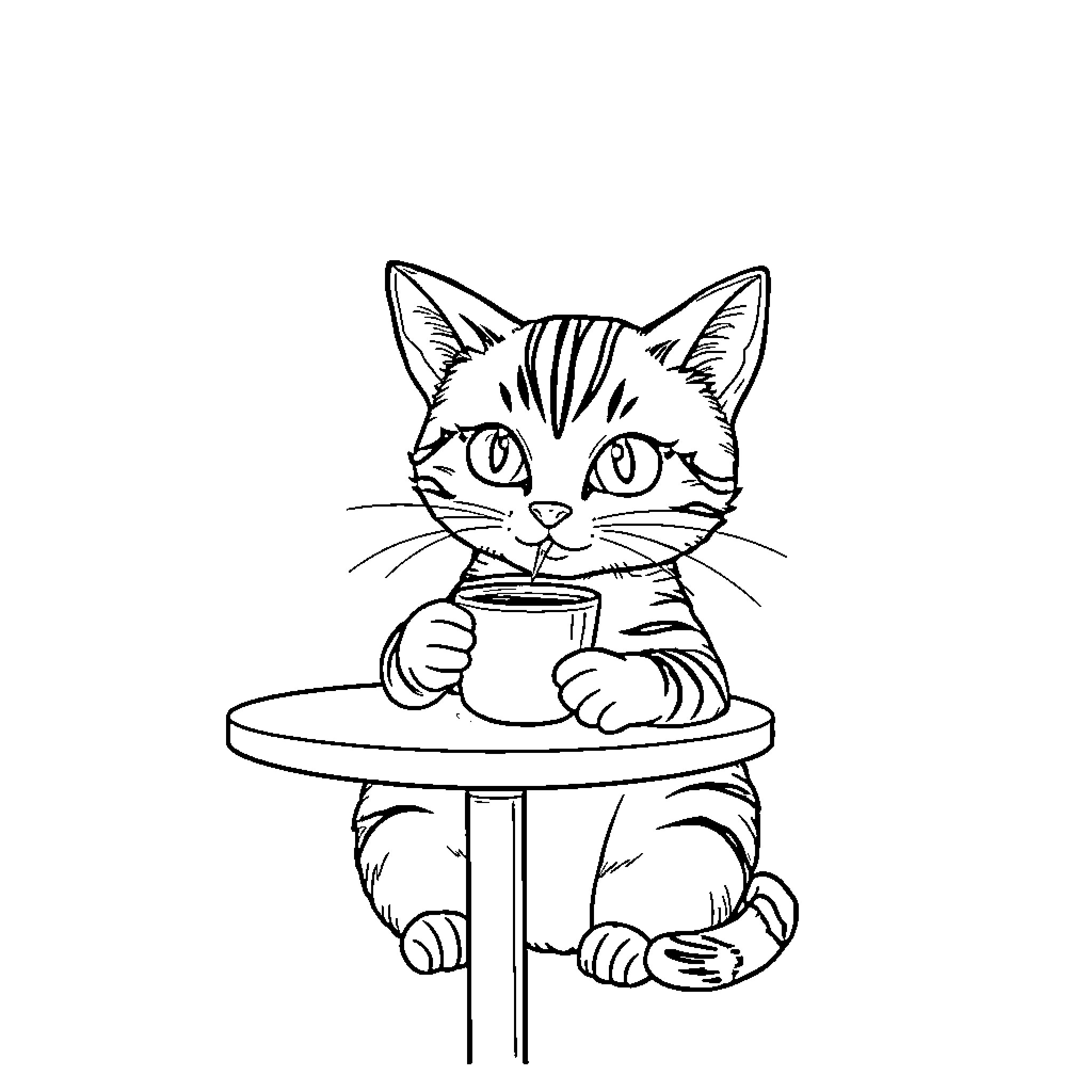 Cat sitting on a stool Coloring Page (free black-and-white line drawing printable PDF for all, from beginners to advanced learners, including children, teens, adults, and seniors)