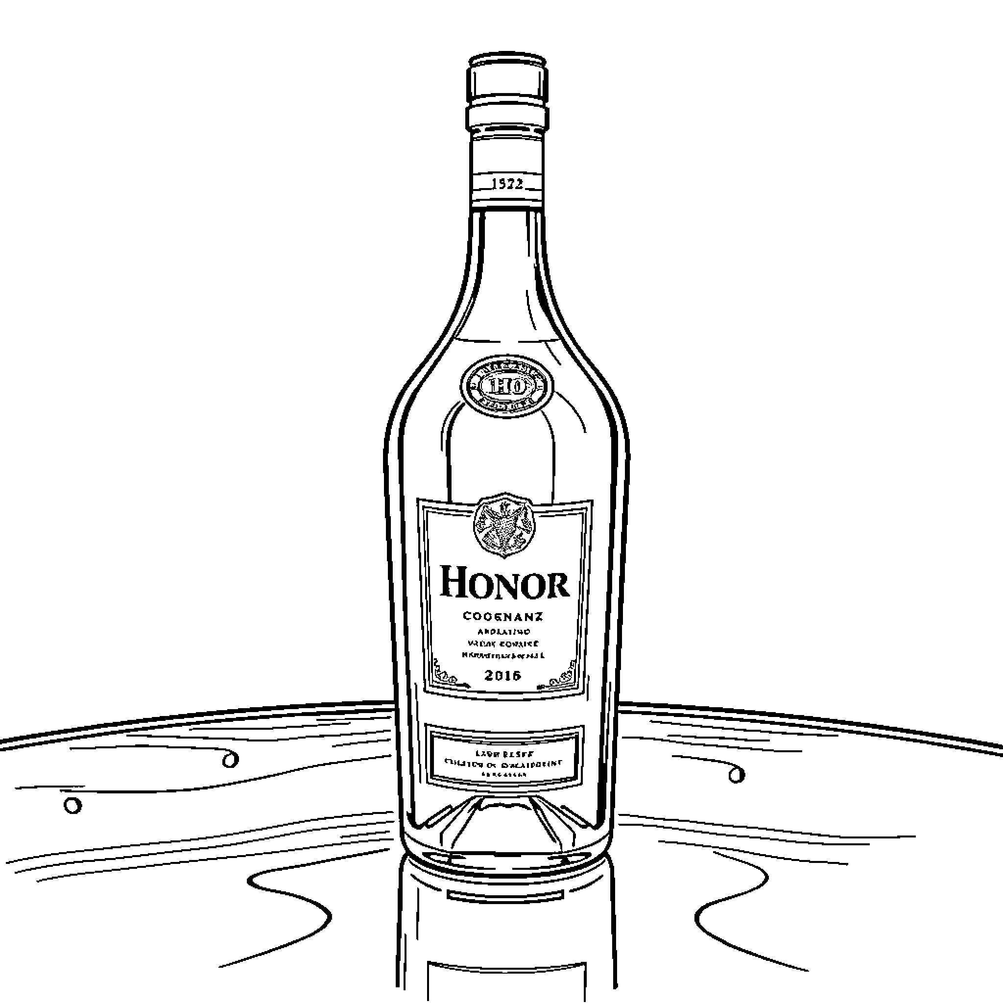 Cognac bottle on a reflective surface Coloring Page (free black-and-white line drawing printable PDF for all, from beginners to advanced learners, including children, teens, adults, and seniors)