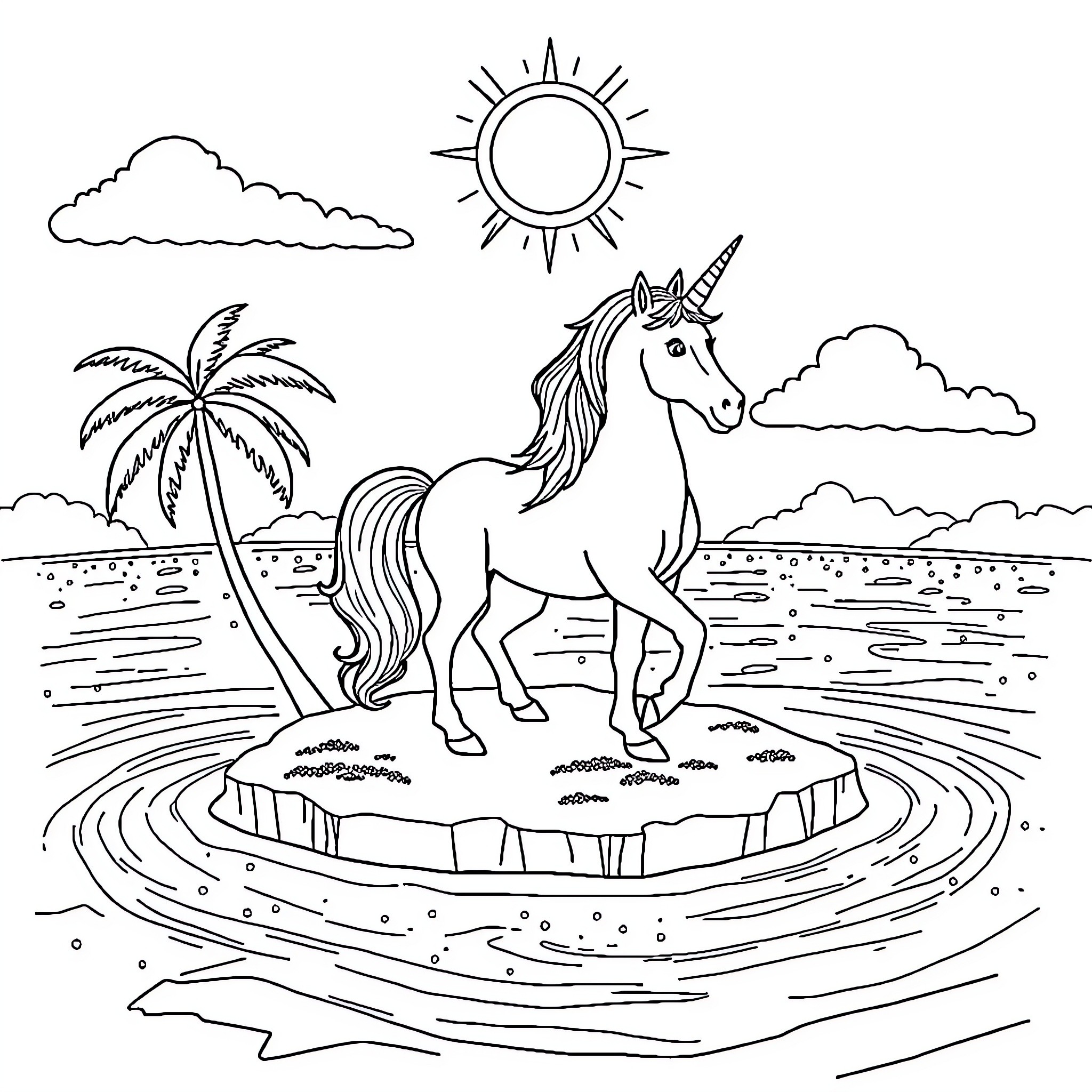 Unicorn gazing at serene tropical landscape Coloring Page (free black-and-white line drawing printable PDF for all, from beginners to advanced learners, including children, teens, adults, and seniors)
